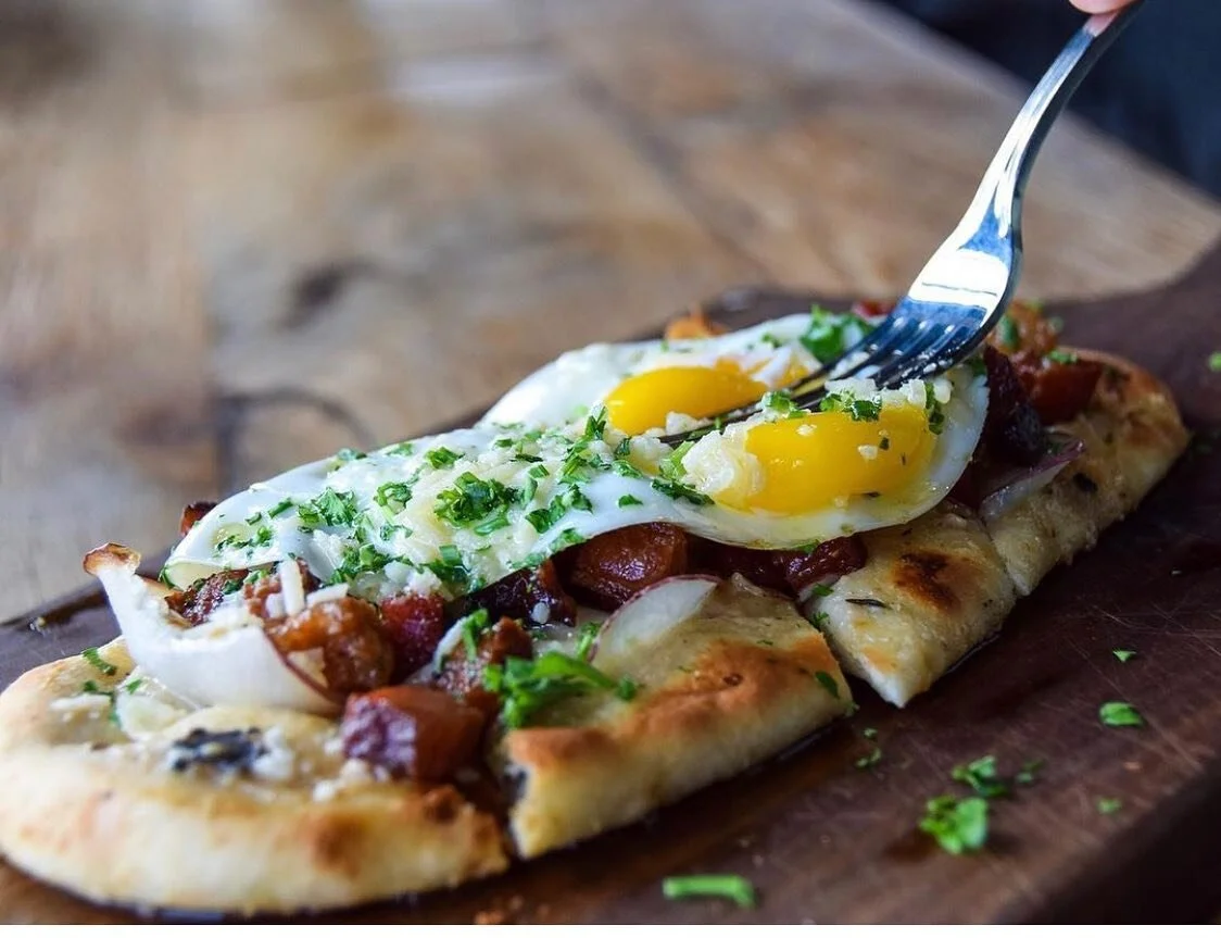 Truffle Cream, Smoked Bacon &amp; Parmesan Flatbread with Sunnyside Egg