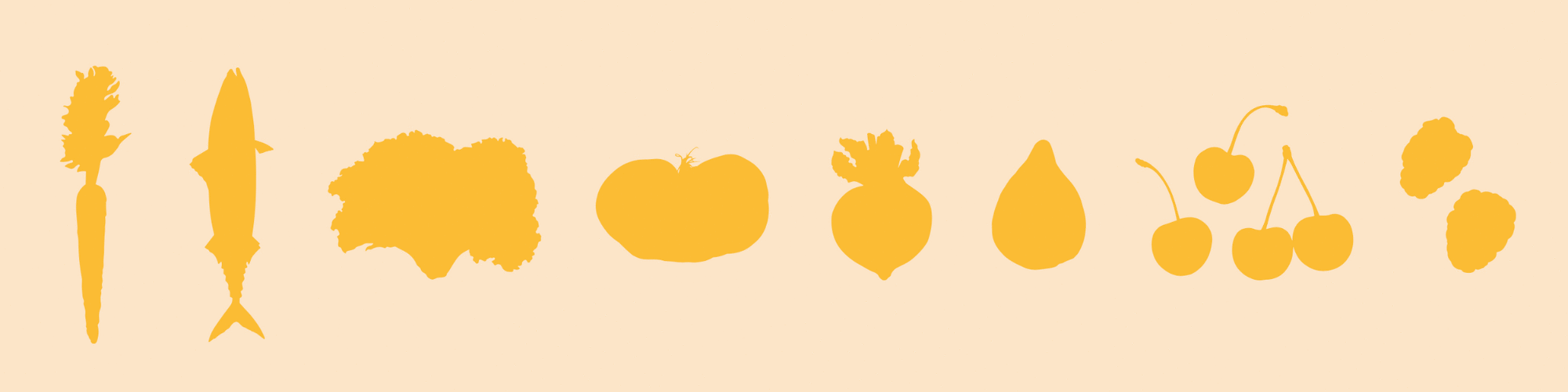 Silhuetas de diferentes tipos de frutas e vegetais das várias estações do ano.