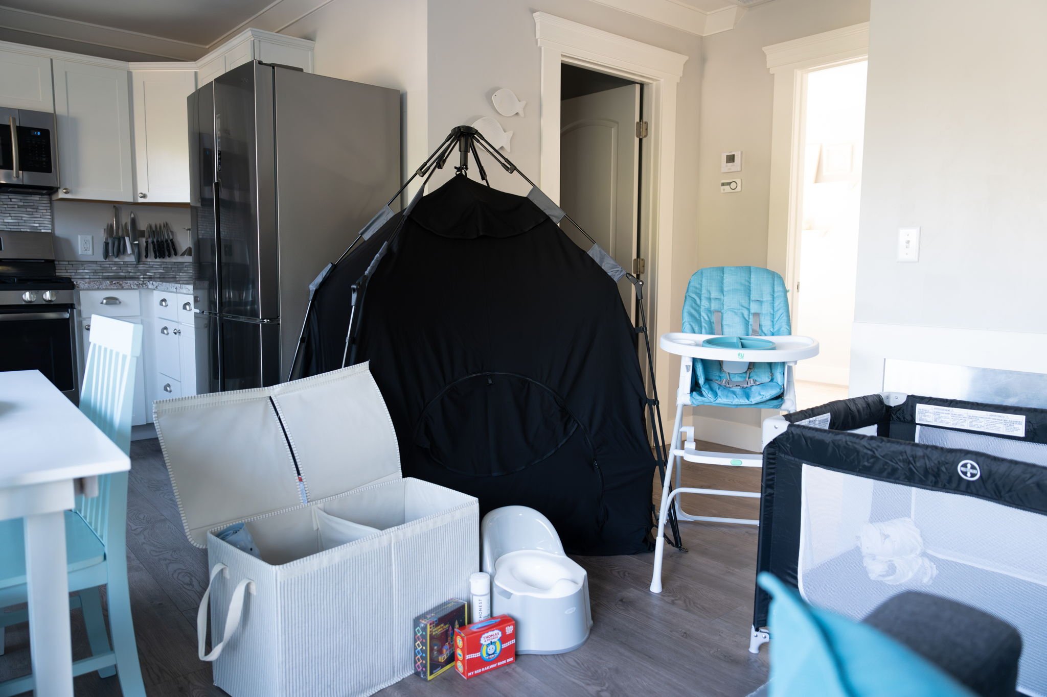 Baby kits available for families. We're a traveling family ourselves and we get it. High chair, baby dining set, tiny potty, crib, and blackout sleeping tent all available during your stay.