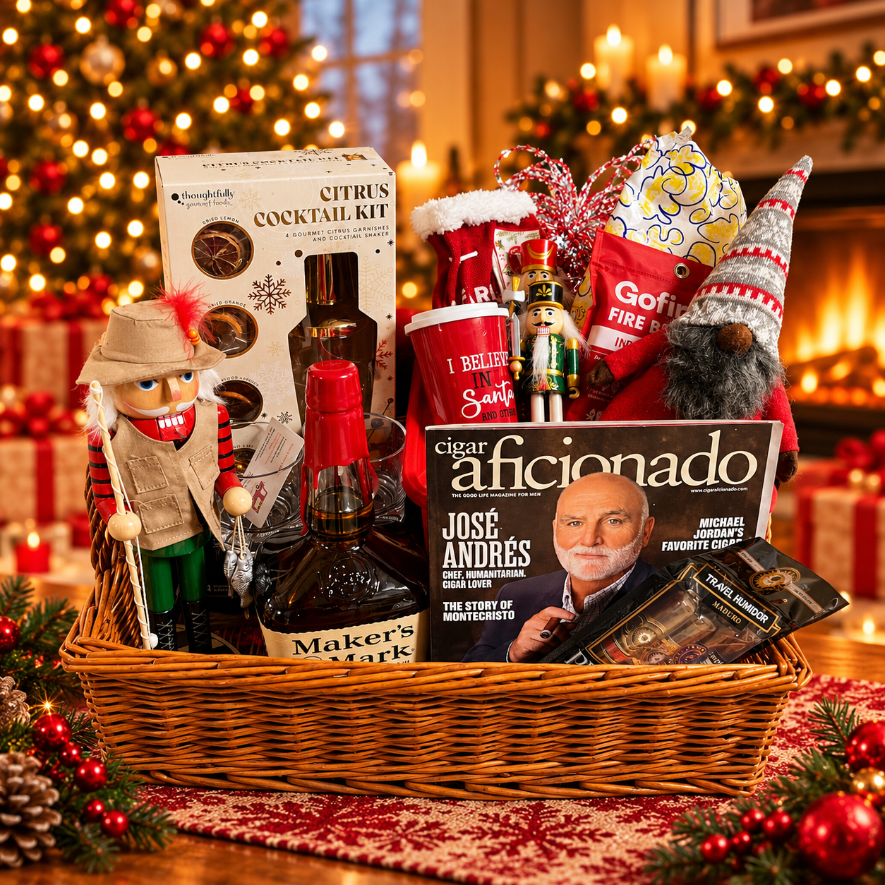 Festive Holiday Gift Basket by the Fireplace.png