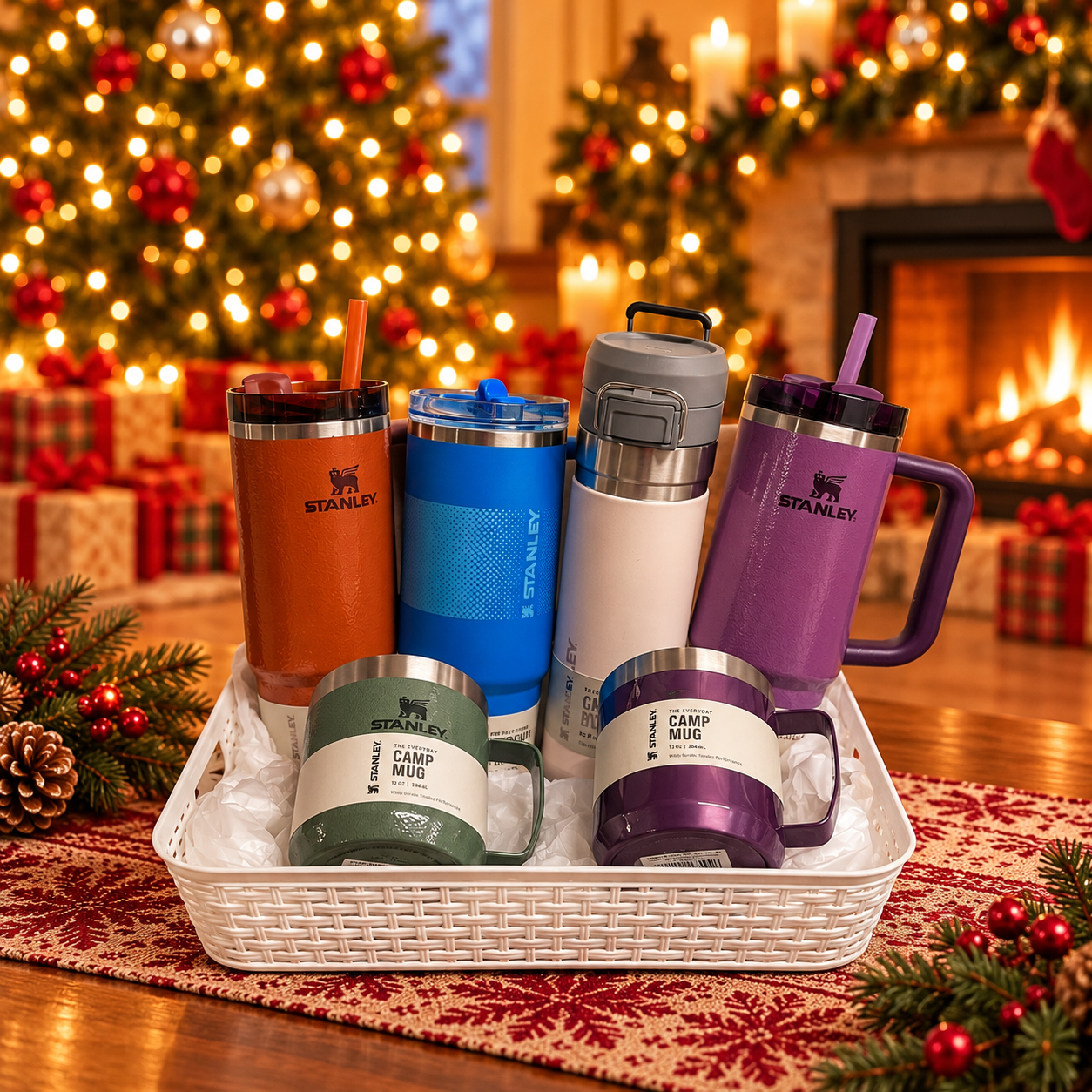 Festive Stanley Drinkware by the Fireplace.png