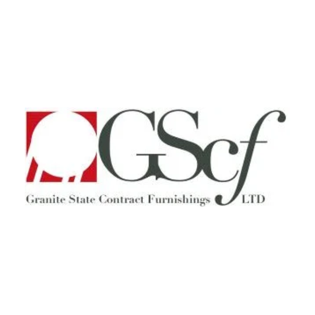 Logo for Granite State Contract Furnishings, LTD, featuring a red square with a white circle and stylized letters 'GSCf' with the full name written underneath.