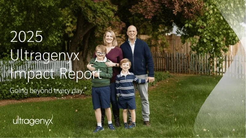 Family of four standing outdoors in a backyard with trees and a wooden fence, smiling and holding each other. Overlaid text reads '2025 Uterogenyx Impact Report Going beyond every day.'