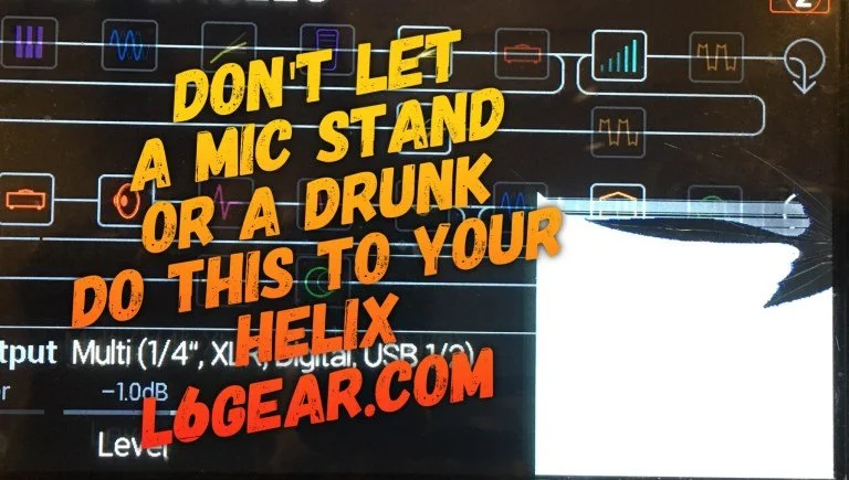 Colorful graphic with the text 'Don't let a mic stand or a drunk do this to your helix' and the website 'L6Gear.com' overlaid on an electronic sound equipment background.