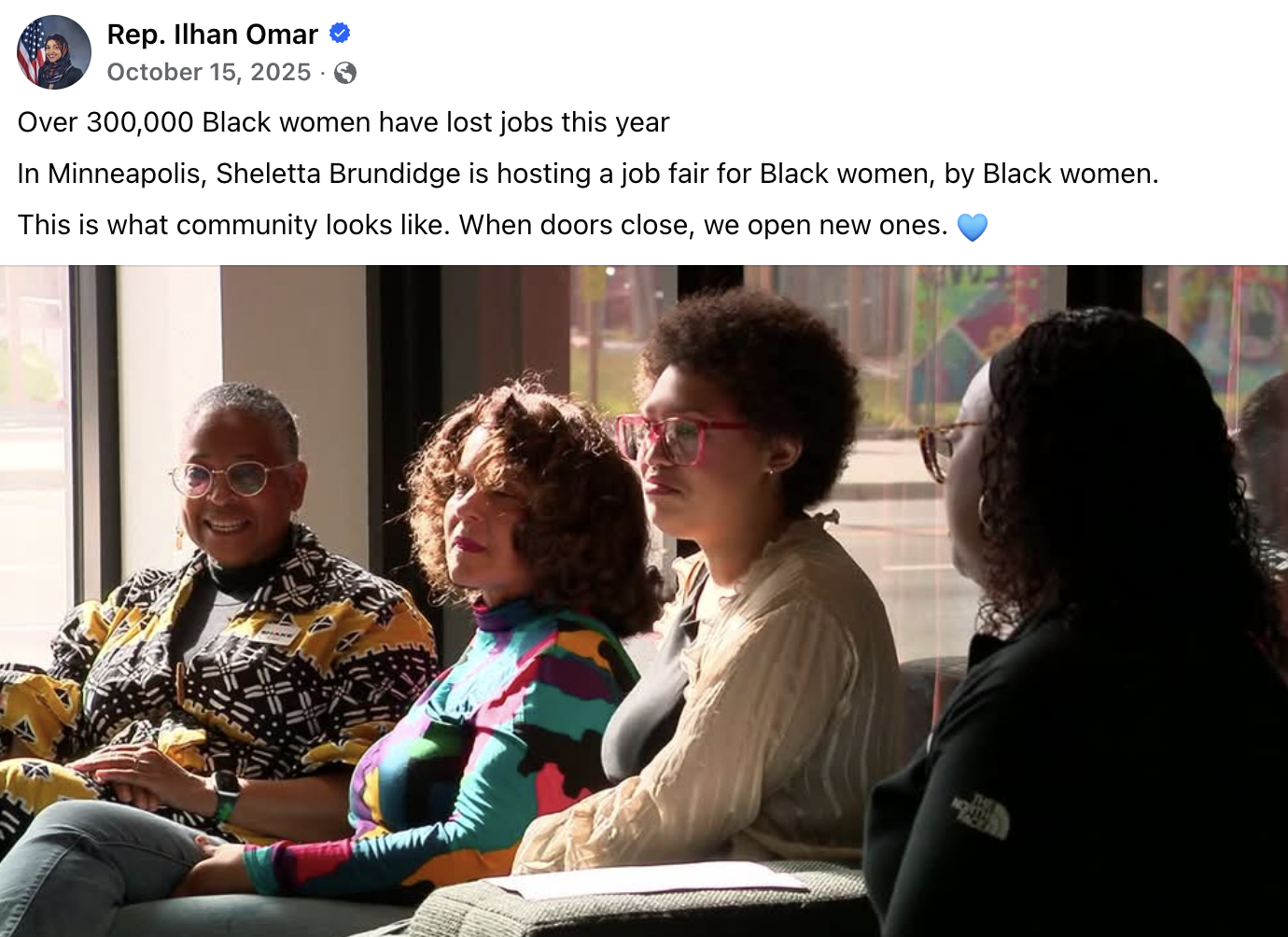 “This is what community looks like. When doors close, we open new ones.” — Rep. Ilhan Omar