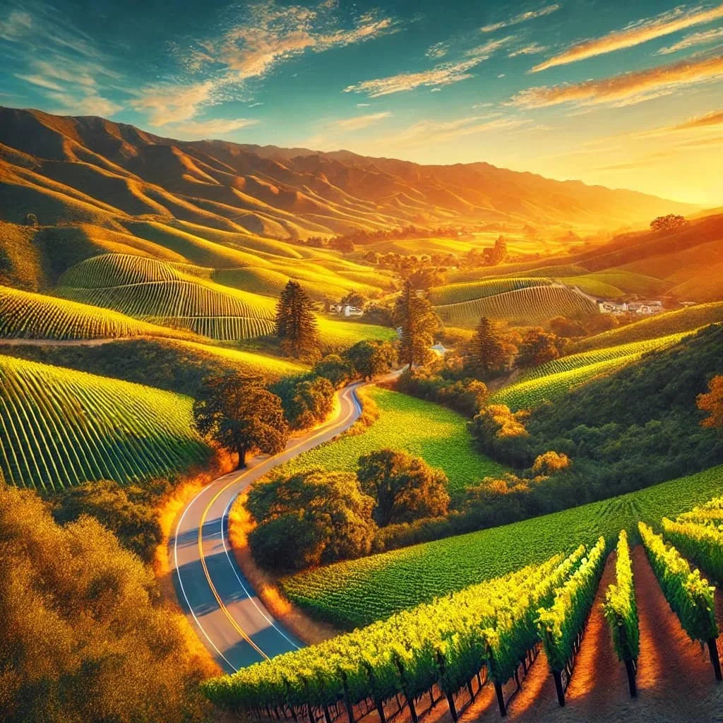 scenic beauty with rolling green hills and vineyards.