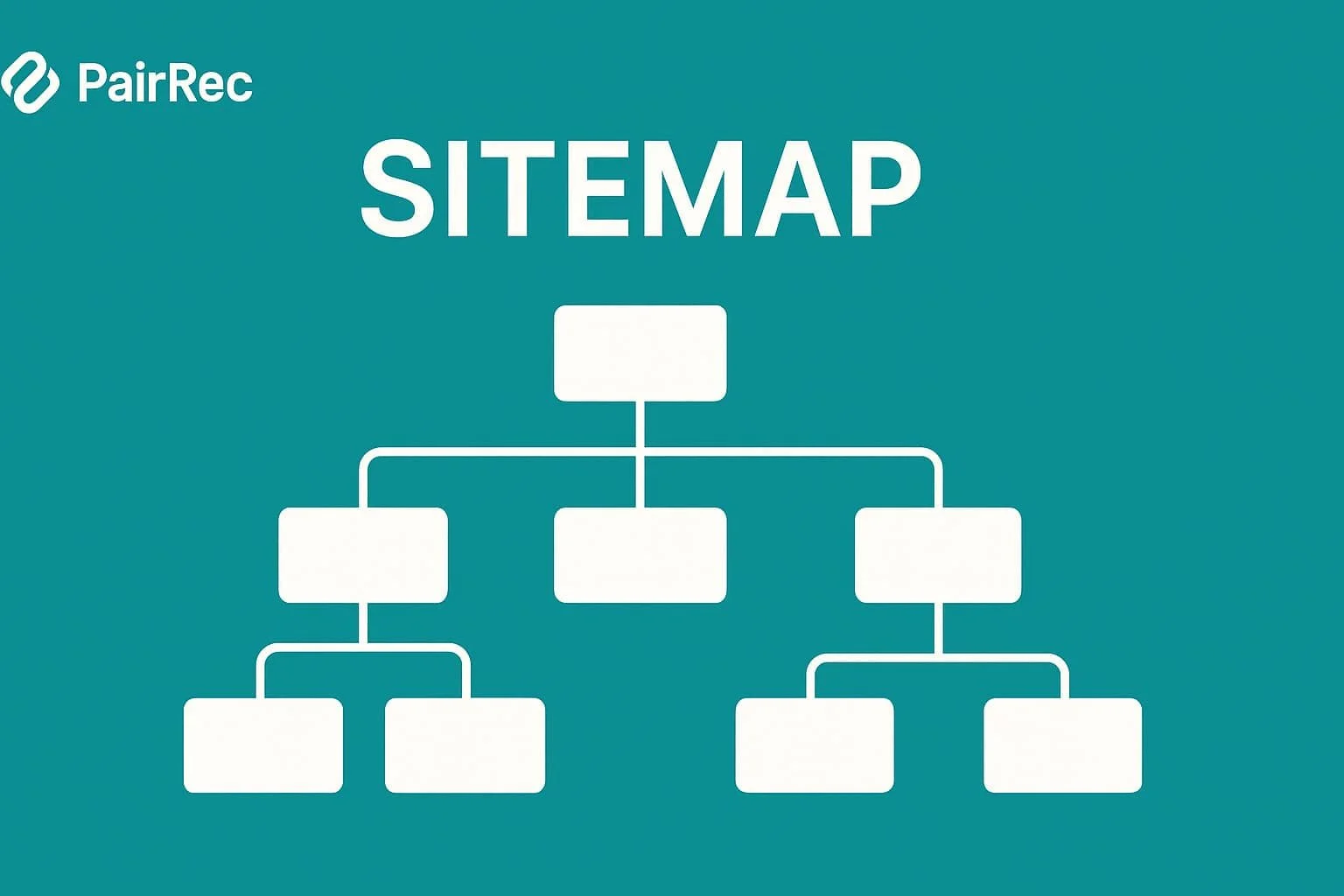A 2D digital graphic design image features a sitemap structure in white boxes on a teal background, with the PairRec logo and the word “SITEMAP” at the top