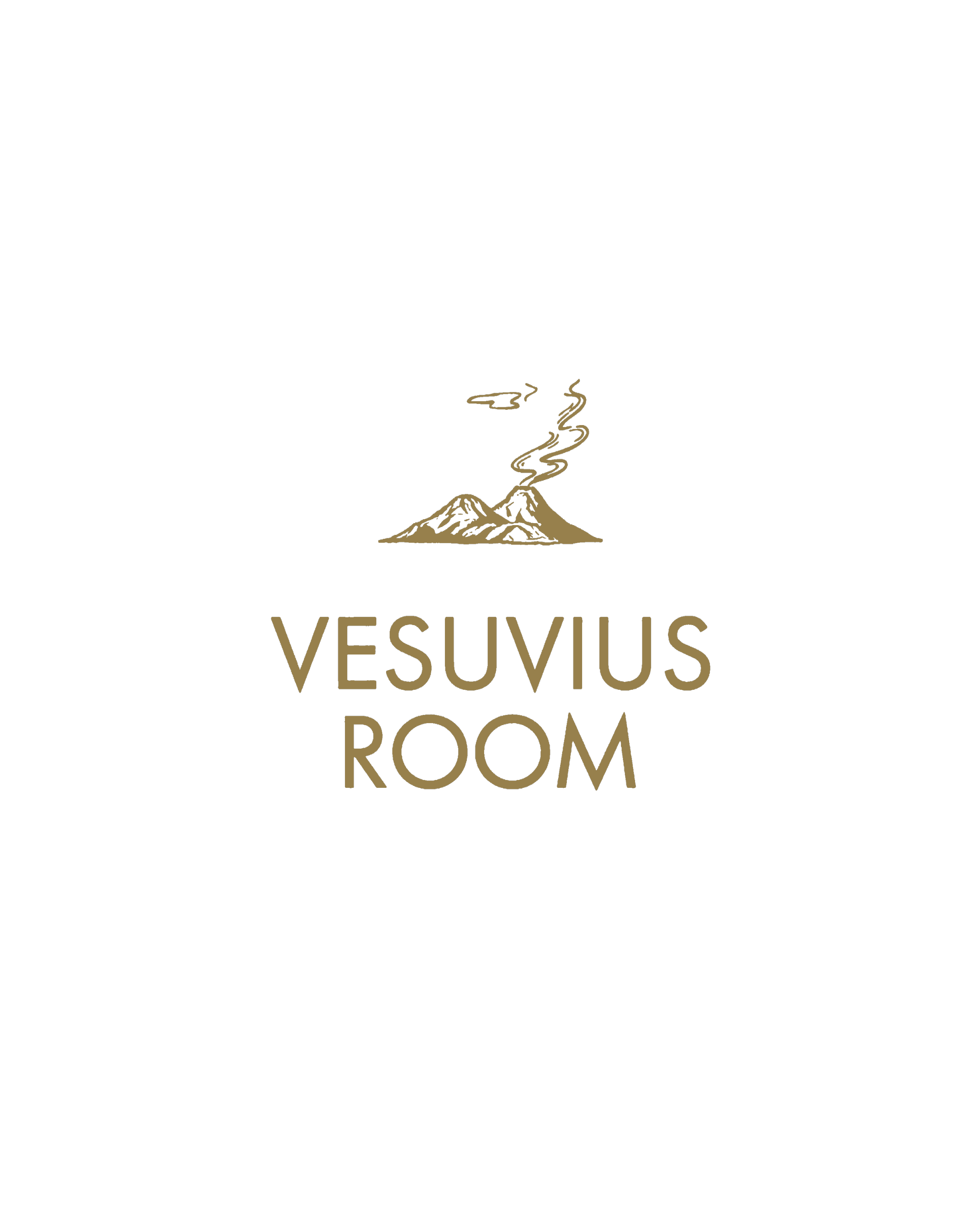 Logo for Vesuvius Room featuring a gold illustration of Mount Vesuvius with smoke rising, on a black background, with the text 'Vesuvius Room' in gold.