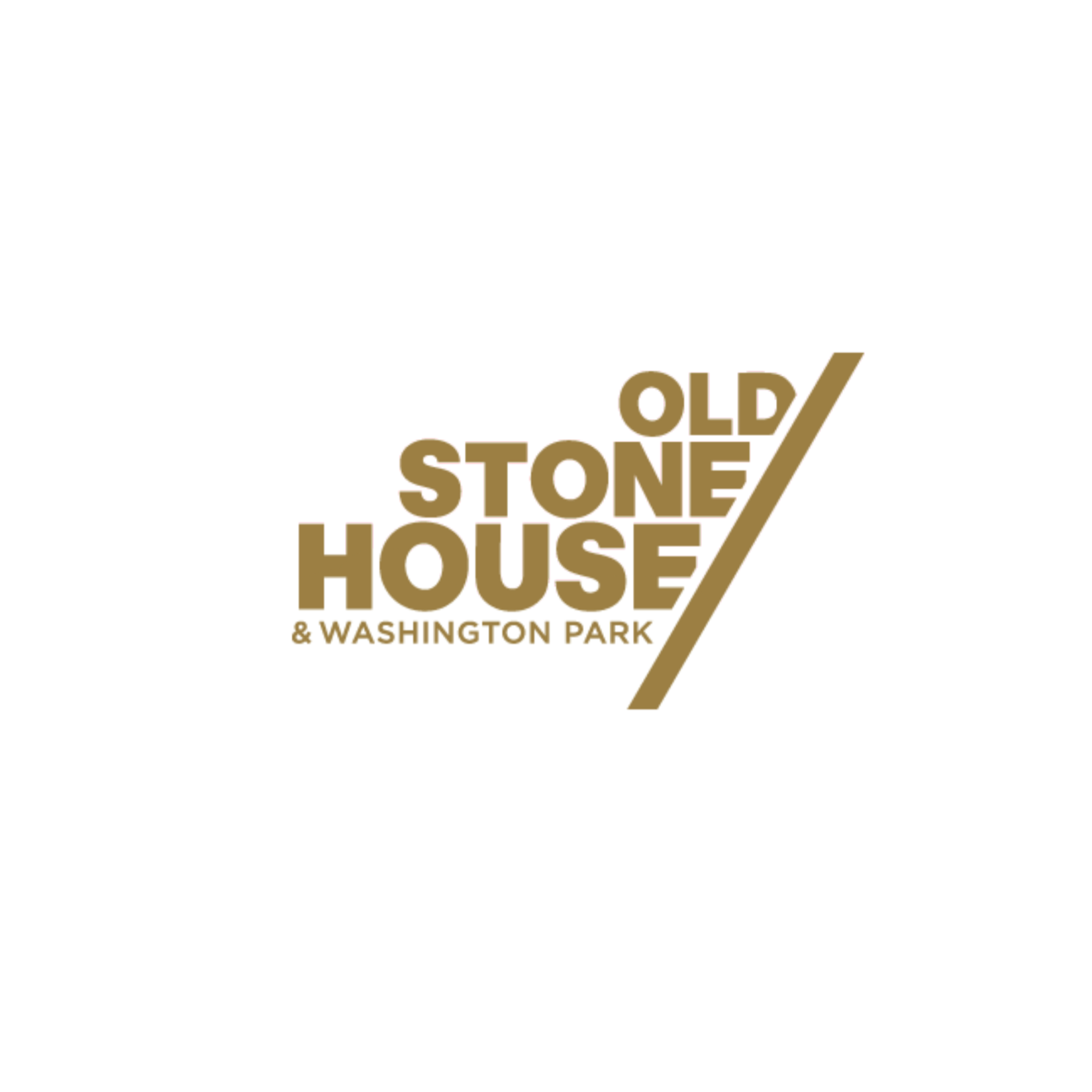 Logo for Old Stone House & Washington Park featuring stylized text in brown and red with a diagonal line.