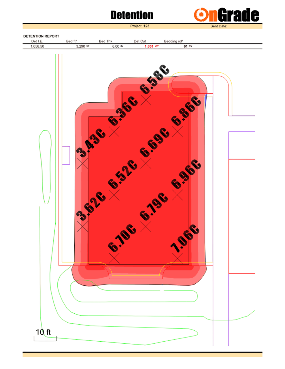 Cut and fill map for detention pond earthwork used in civil construction machine control modeling