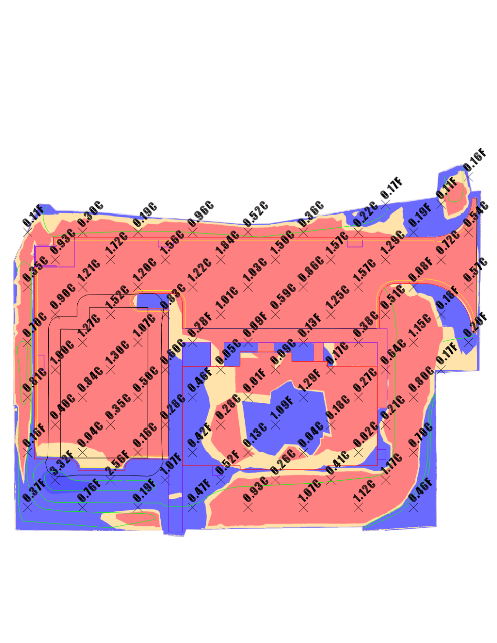 Cut and fill map showing earthwork quantities for civil construction machine control modeling