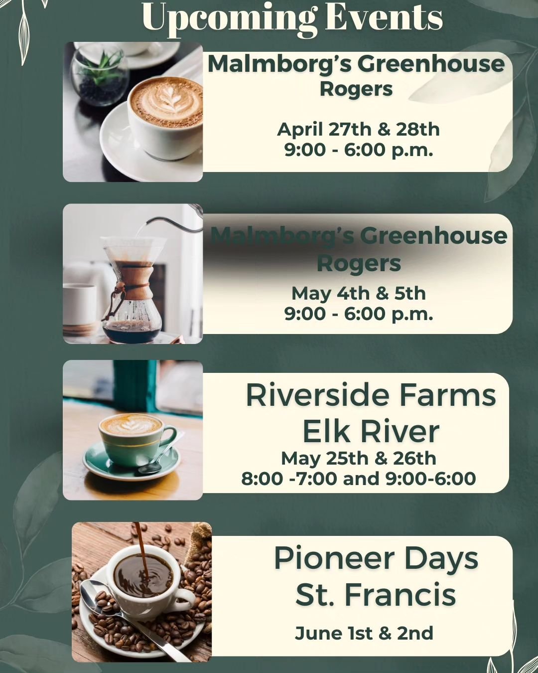 Come see us at one of the locations!  We still have openings at the end of June!  Contact us for details.  #coffeetime #coffeefun #mncoffee #mnfoodtrucks #mnwomen #mnsmallbusiness