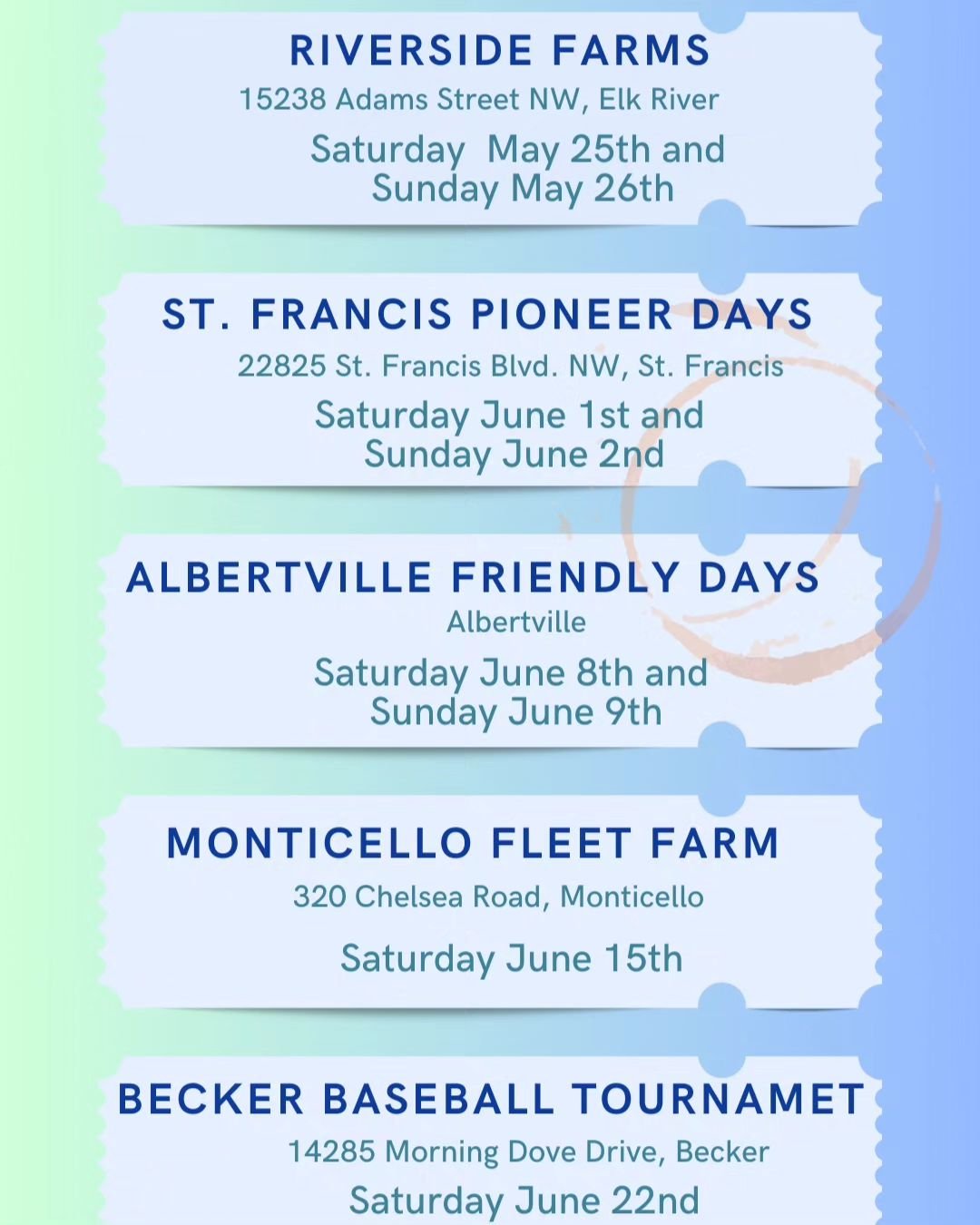 Come see us at one of these locations!  The rest of May and June, we are busy and excited to be part of events in the local communities near us!  #coffeefun #mncoffee #mnfoodtrucks