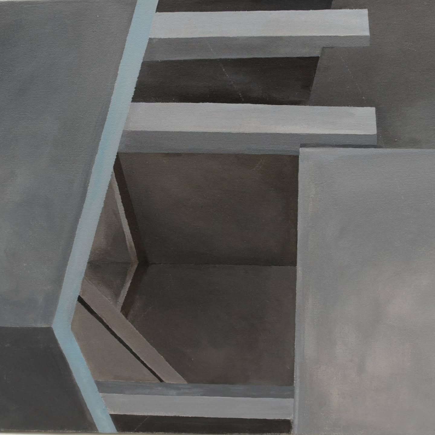 Lot 60 &ndash; A striking three-dimensional exploration of space and form. This acrylic on canvas composition presents an atmospheric interplay of light and shadow, drawing the viewer into an ambiguous architectural realm. Rendered in monochromatic g