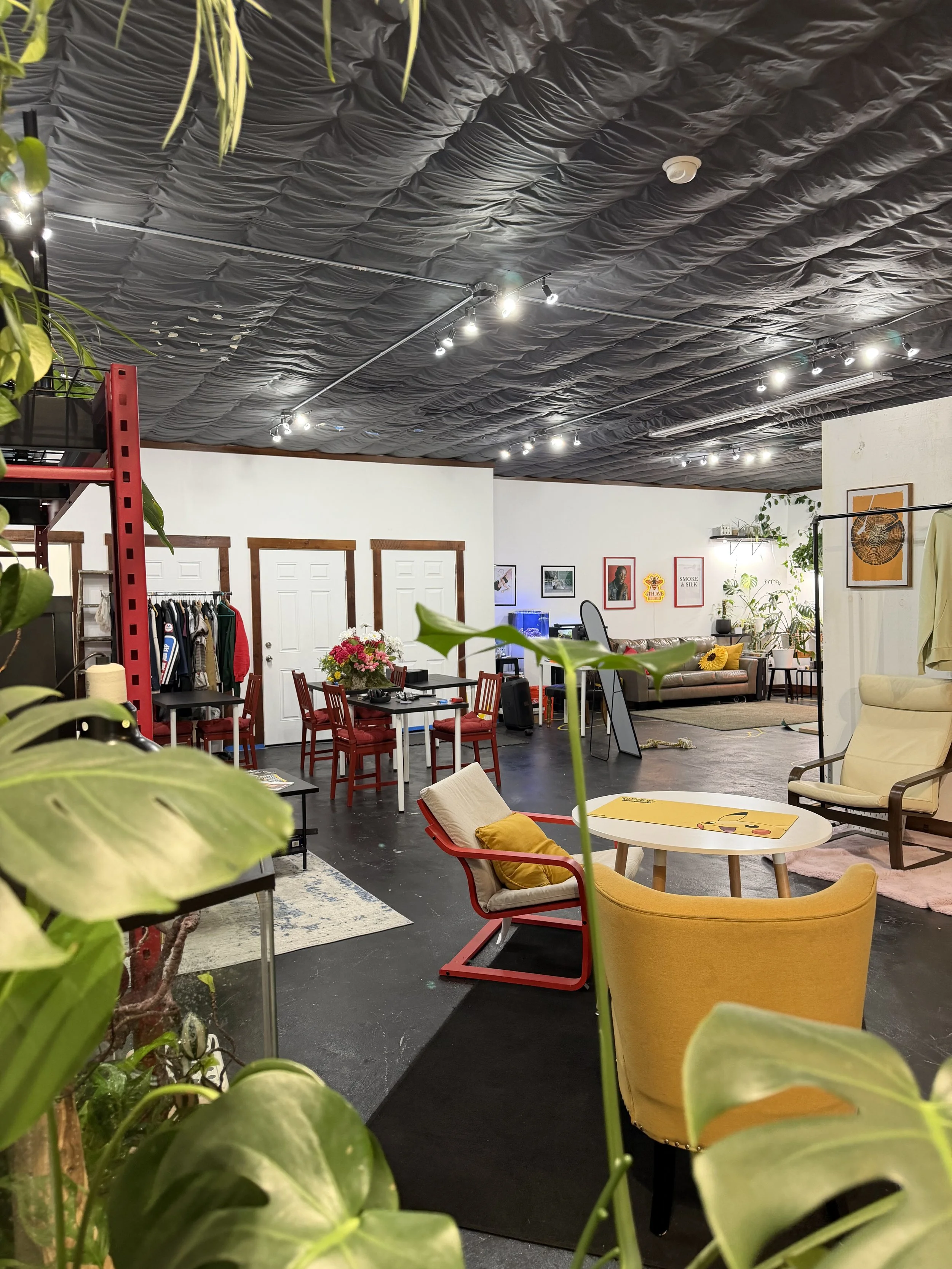 A colorful, eclectic indoor space with a variety of seating, artwork on the walls, plants, and a modern ceiling with black fabric and track lighting.
