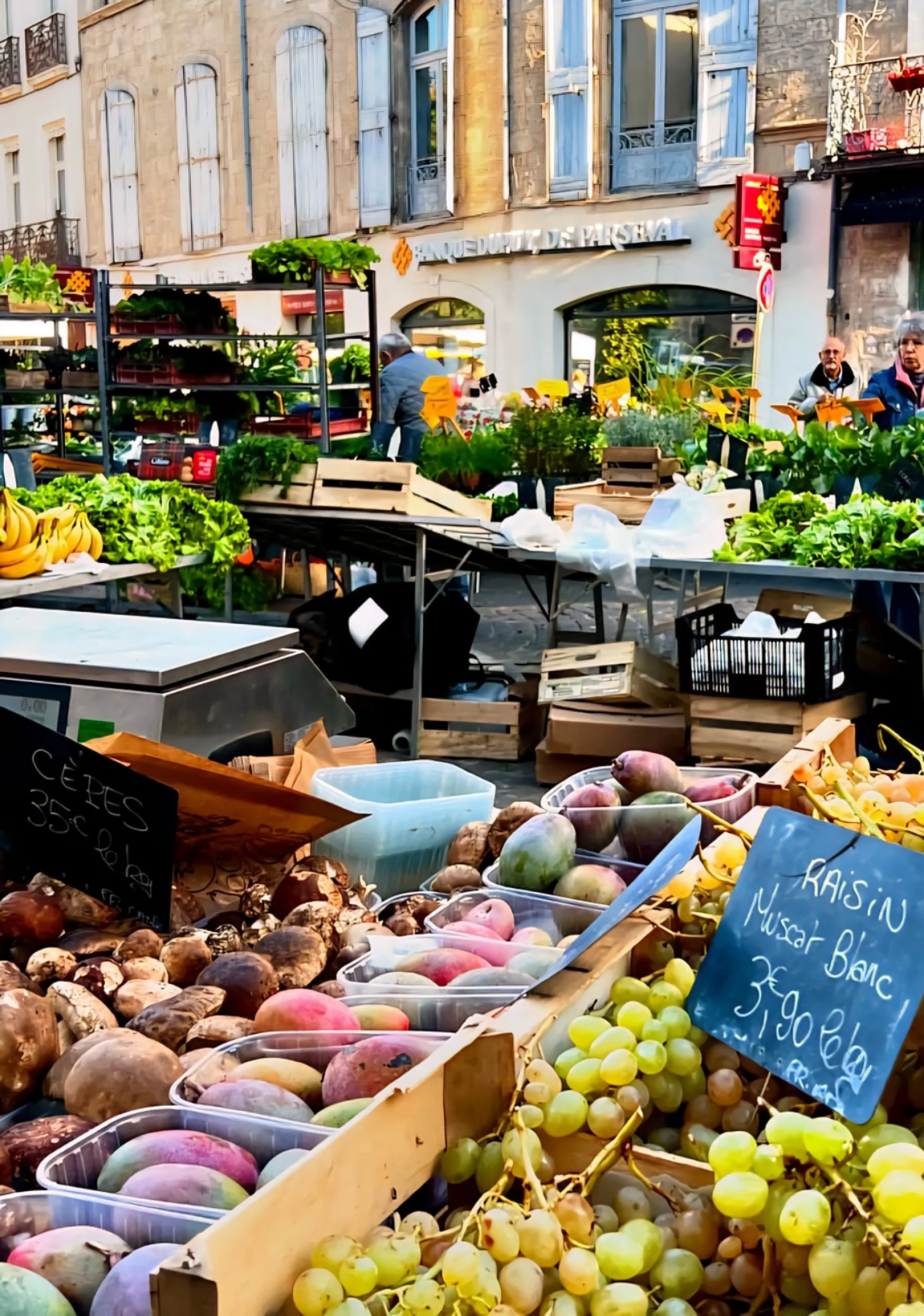 Pézenas market stalls fruite asnd veg