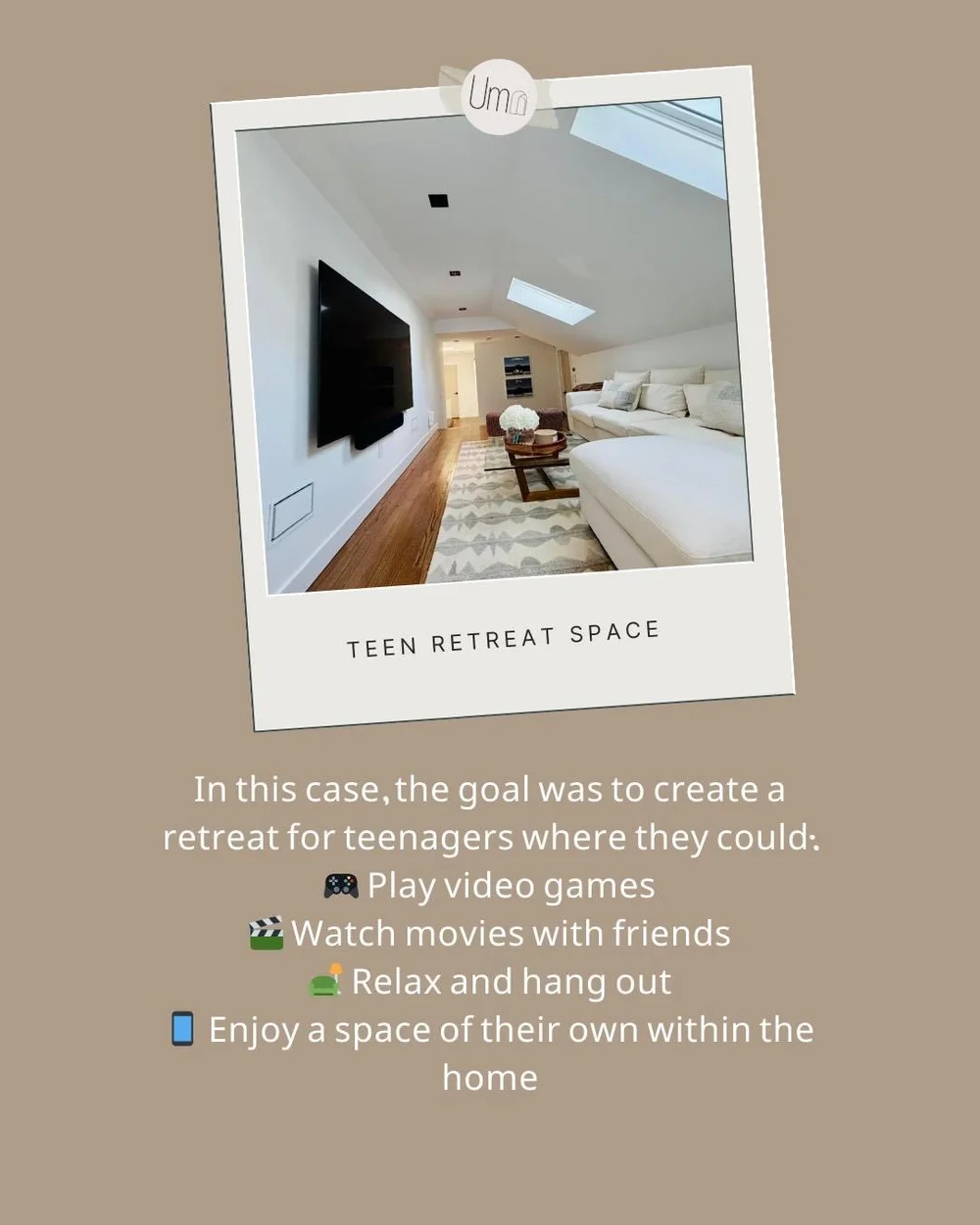 Teen retreat lounge with a large TV and sofa