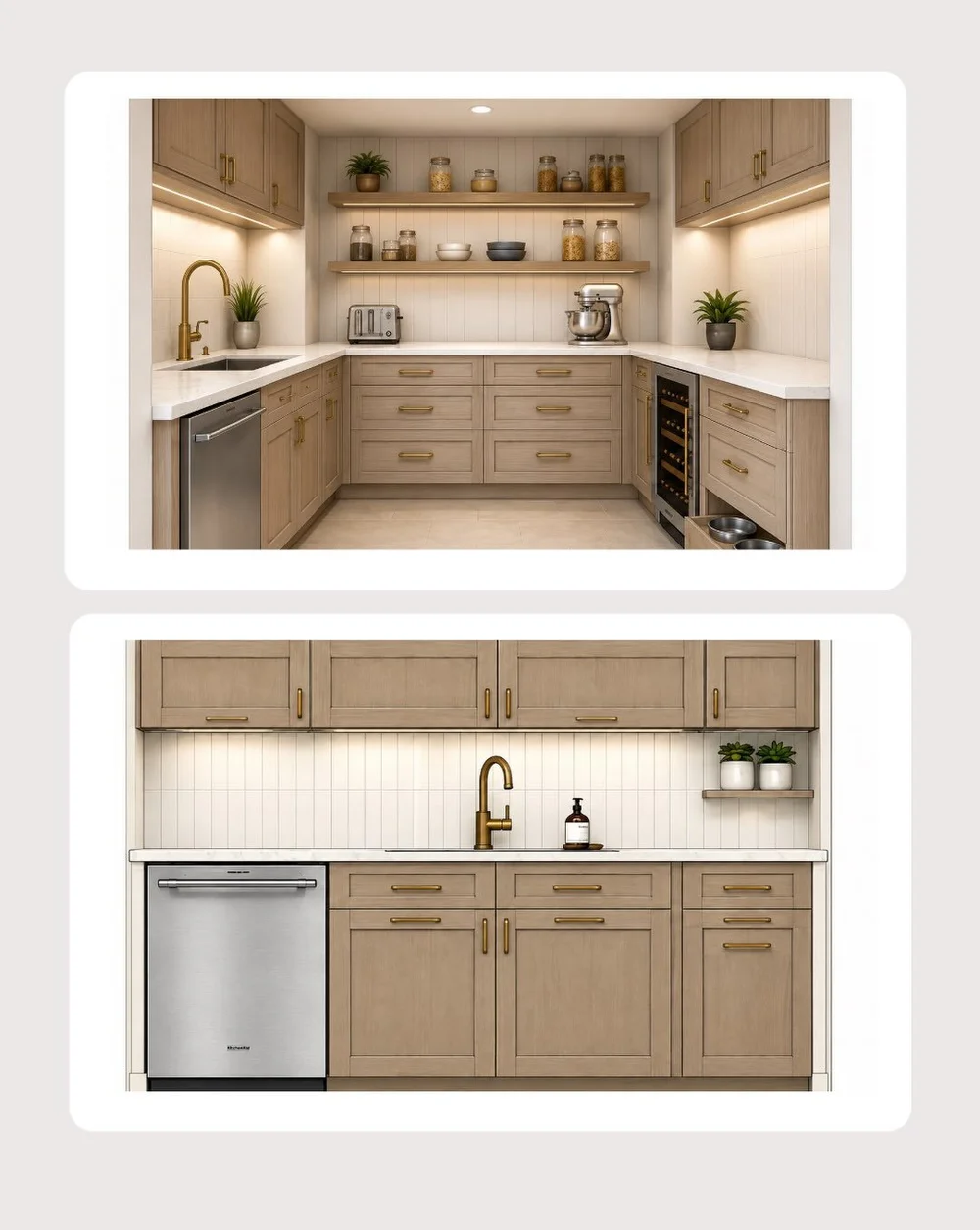 Butler’s pantry design with open shelving and wine cooler