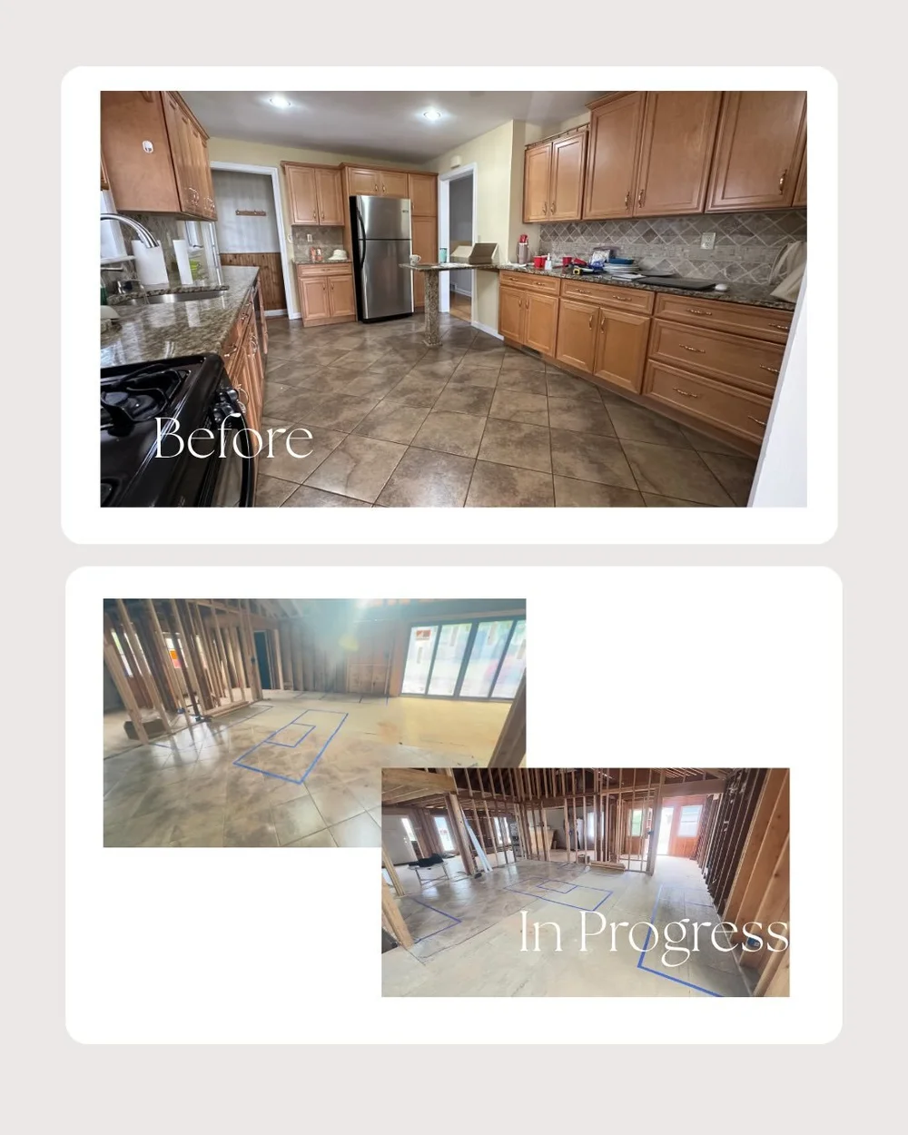Kitchen before, and the open space during renovation