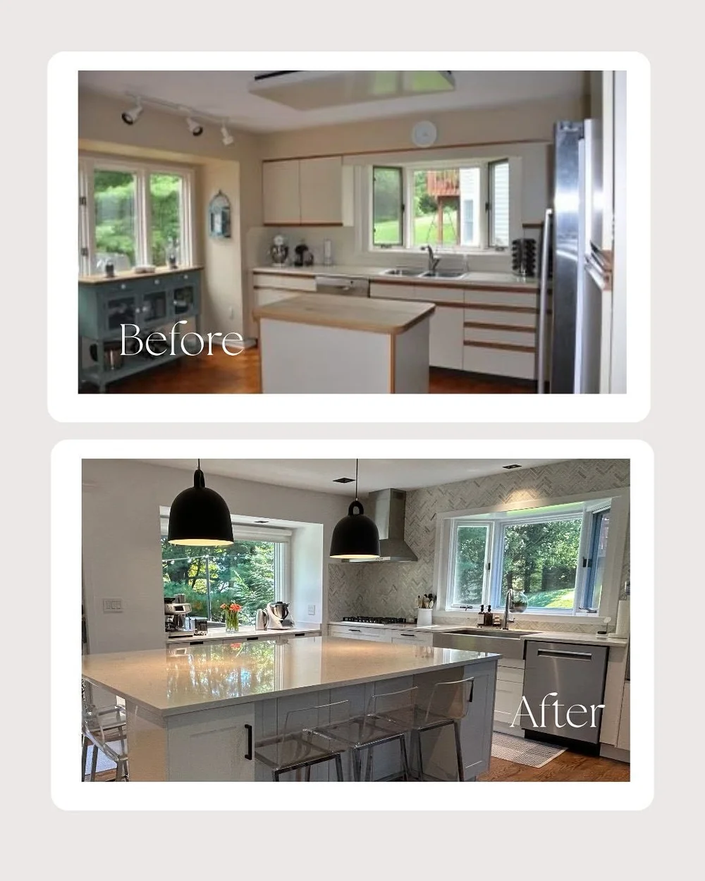 Before and after: kitchen with new island and pendants