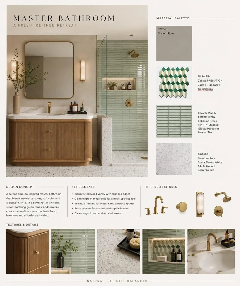 Master bathroom design board with materials and fixtures