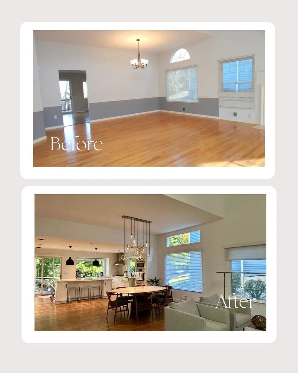 Before and after: empty room turned into an open kitchen and dining room