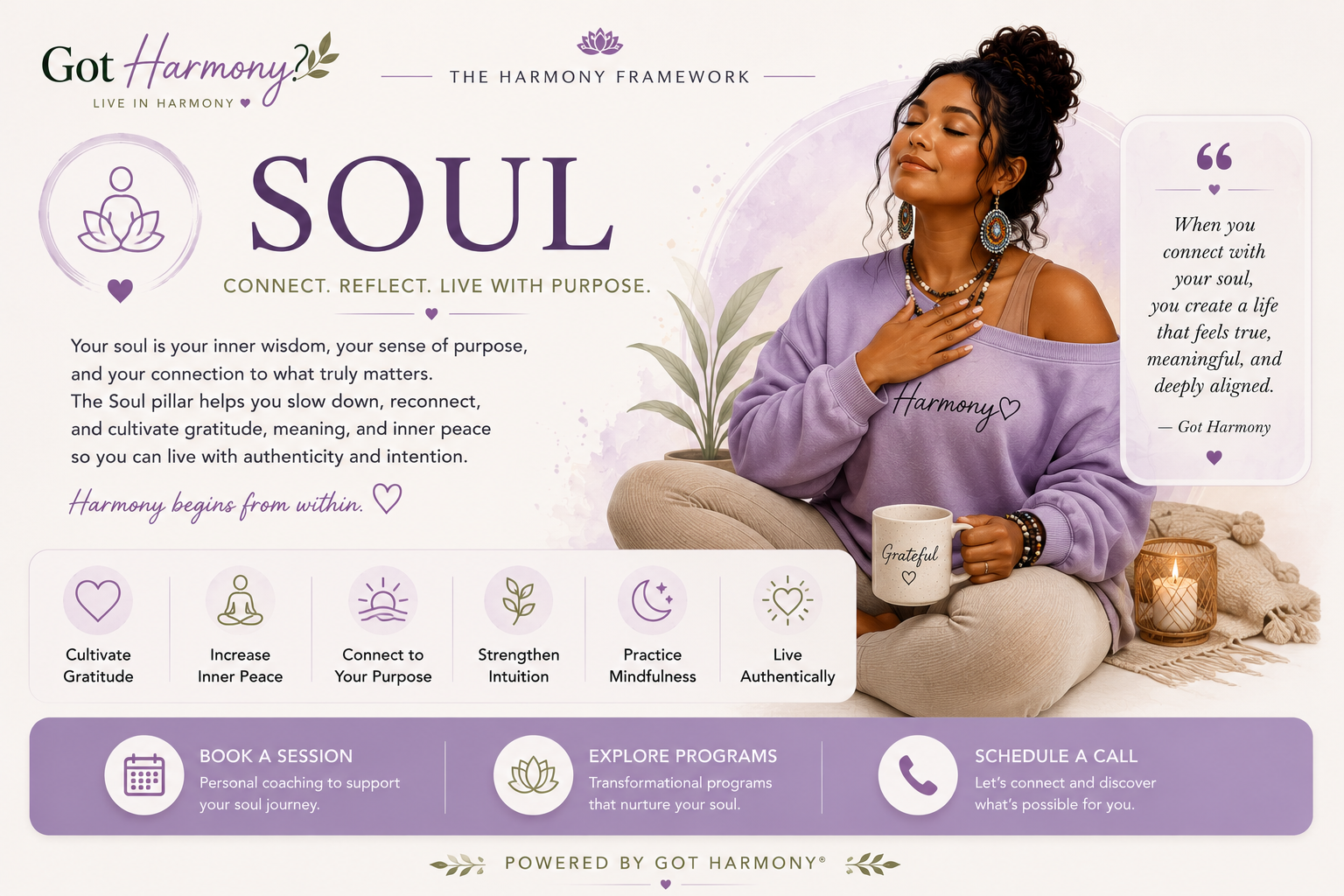 A woman sitting cross-legged on a blanket, holding a mug labeled 'Grateful,' surrounded by a candle and a plant, with text promoting soul connection, inner peace, and harmony.