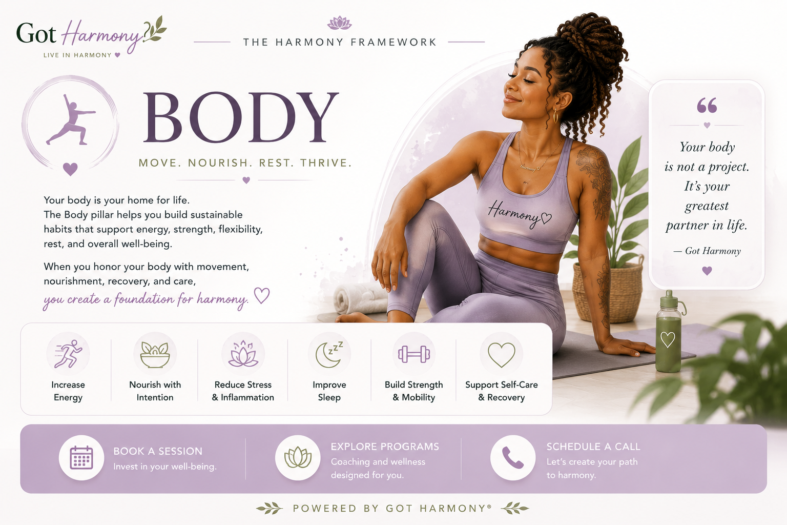 A woman practicing yoga in a purple workout outfit with the word 'Harmony' written on it, sitting on a yoga mat in a serene indoor setting with plants, a water bottle, and a basket.