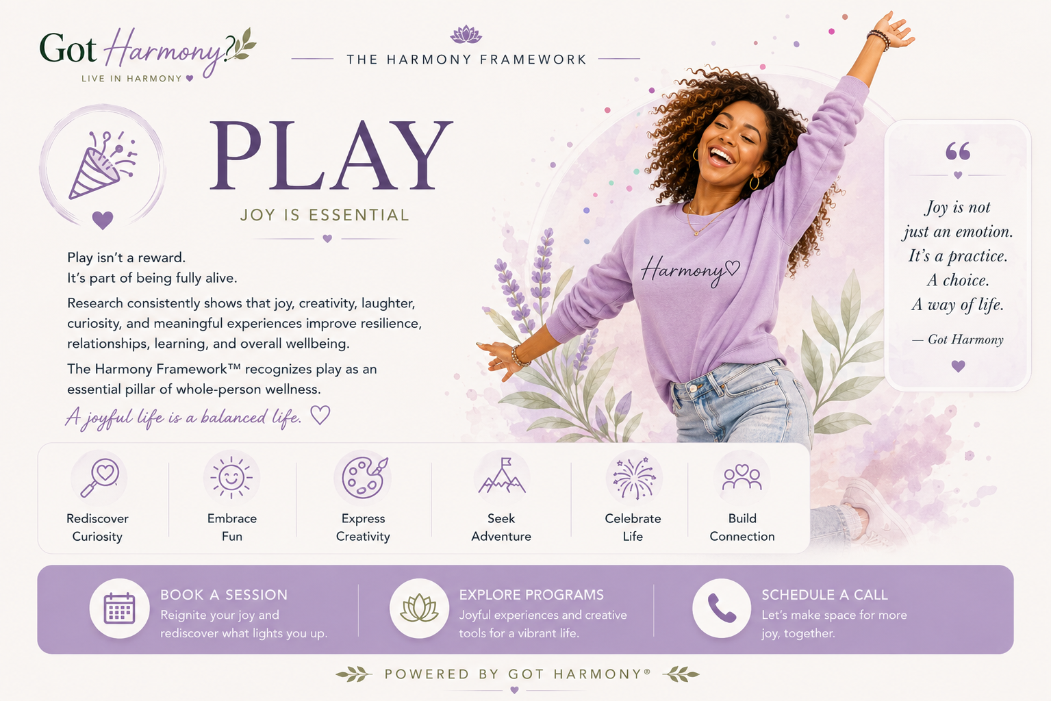 A promotional webpage for Got Harmony featuring a smiling woman in a lavender sweatshirt, surrounded by purple floral elements, with text emphasizing joy, play, and engagement in life and wellness activities.