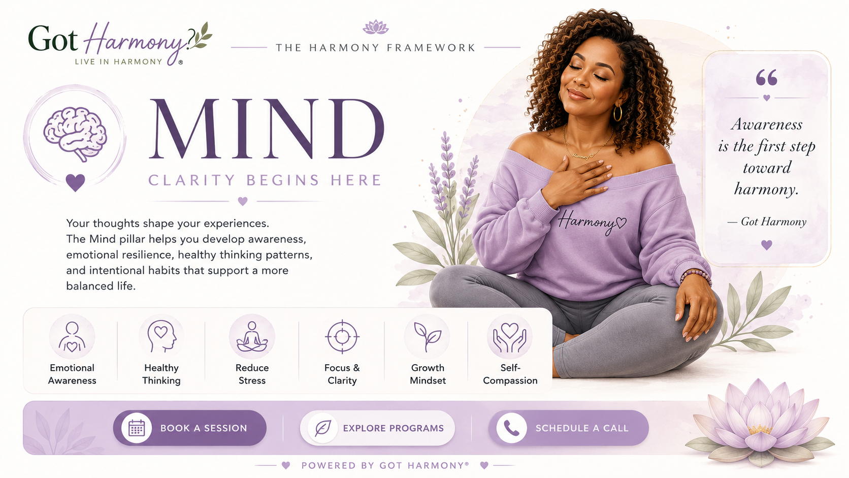 A woman sitting cross-legged on a white background, wearing a lavender off-the-shoulder sweatshirt with the word "Harmony" written on it, surrounded by floral and leaf illustrations, promoting mental health and awareness for Got Harmony.
