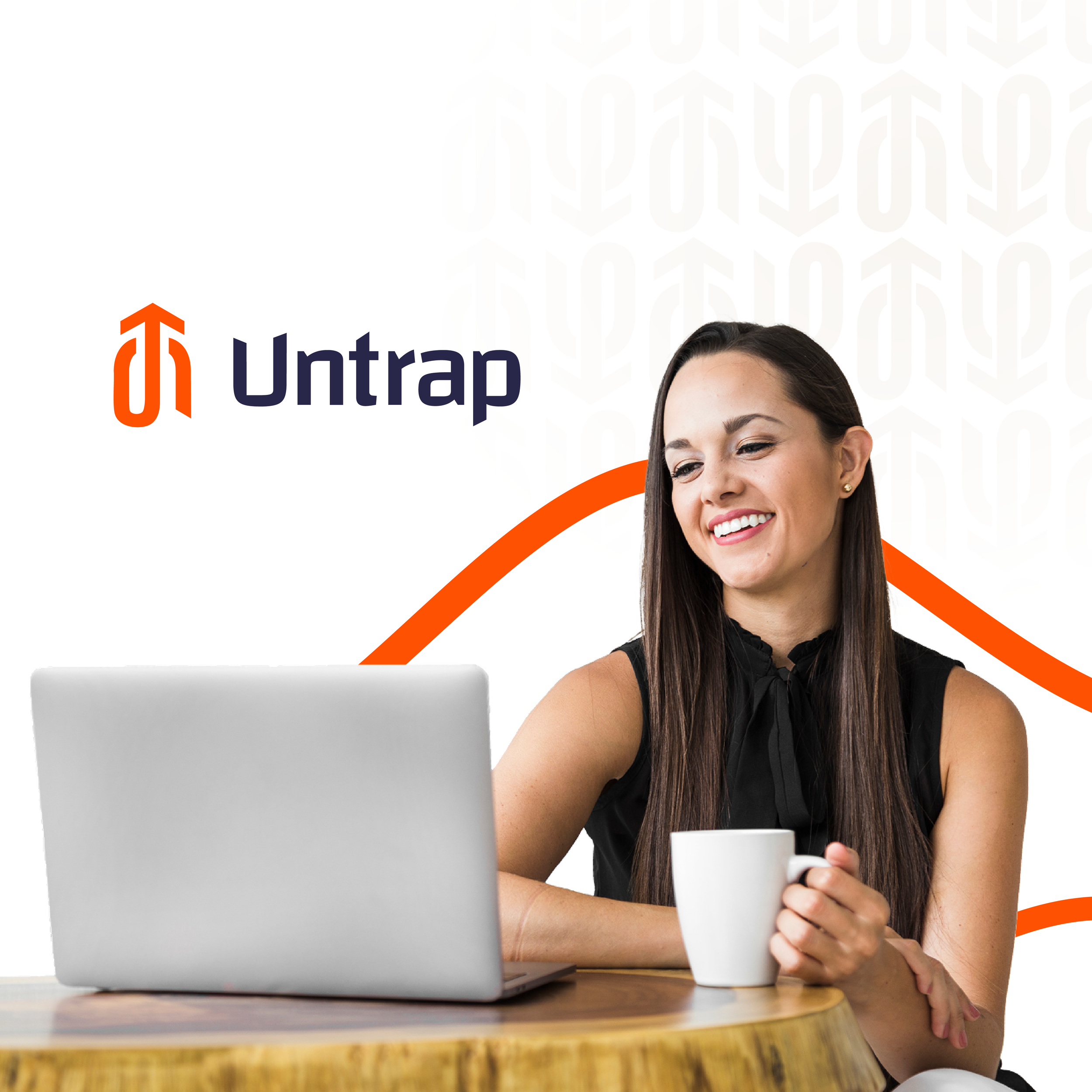 A woman sitting at a desk holding a white mug in front of a laptop. Only part of her face and arm are visible. The background is plain and light-colored with a pattern of abstract arrows.