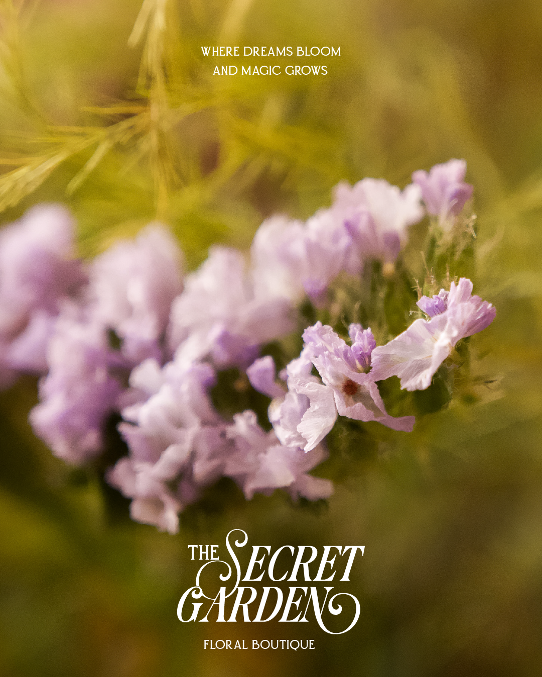 Purple flowers with the text 'Where dreams bloom and magic grows' and 'The Secret Garden Floral Boutique' overlaid.