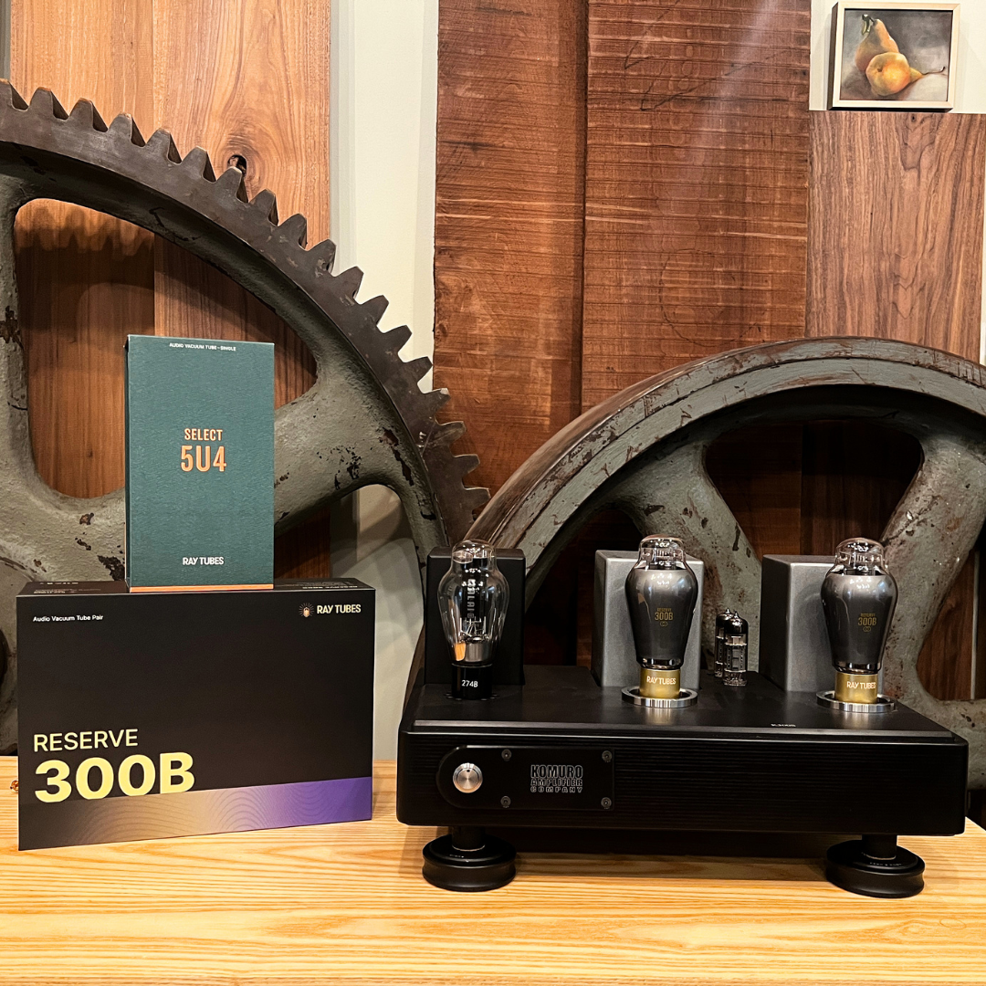 Ray Tubes vacuum tubes in boxes and installed in a Komuro Amplifier Company power amp