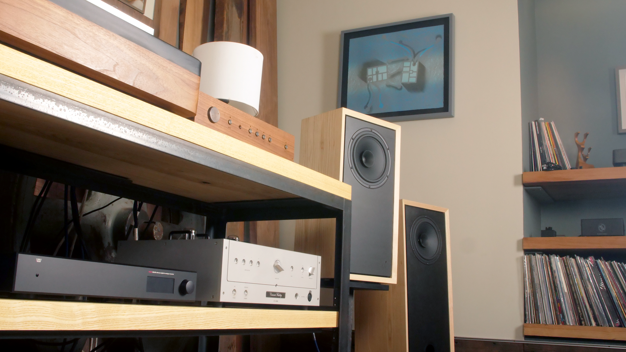 Fern & Roby listening room in Richmond, Va., featuring Raven II and Raven II speakers, F&R Amp No. 2, and Weiss Helios DAC