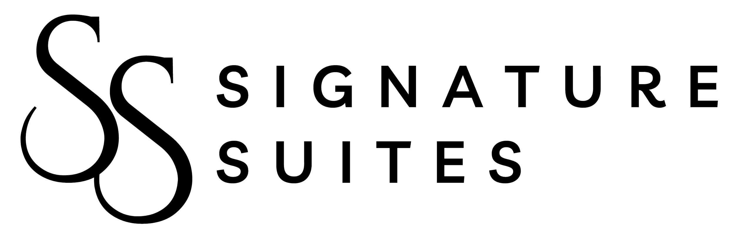 A logo for Signature Suites featuring an outlined, stylized letter S intertwined with a letter S, with the words 'Signature Suites' to the right.