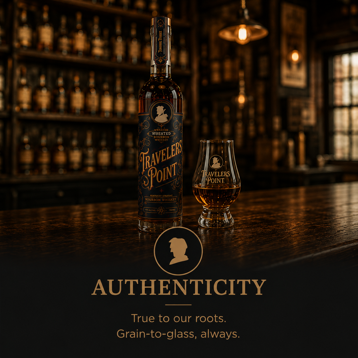 Bourbon bottle and glen carin glass on bar