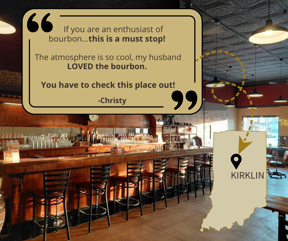 A cozy bourbon bar with a wooden counter and black chairs. Overhead pendant lights illuminate the space. A quote about bourbon is displayed in a speech bubble, and a map highlights Kirklin, indicating the location.