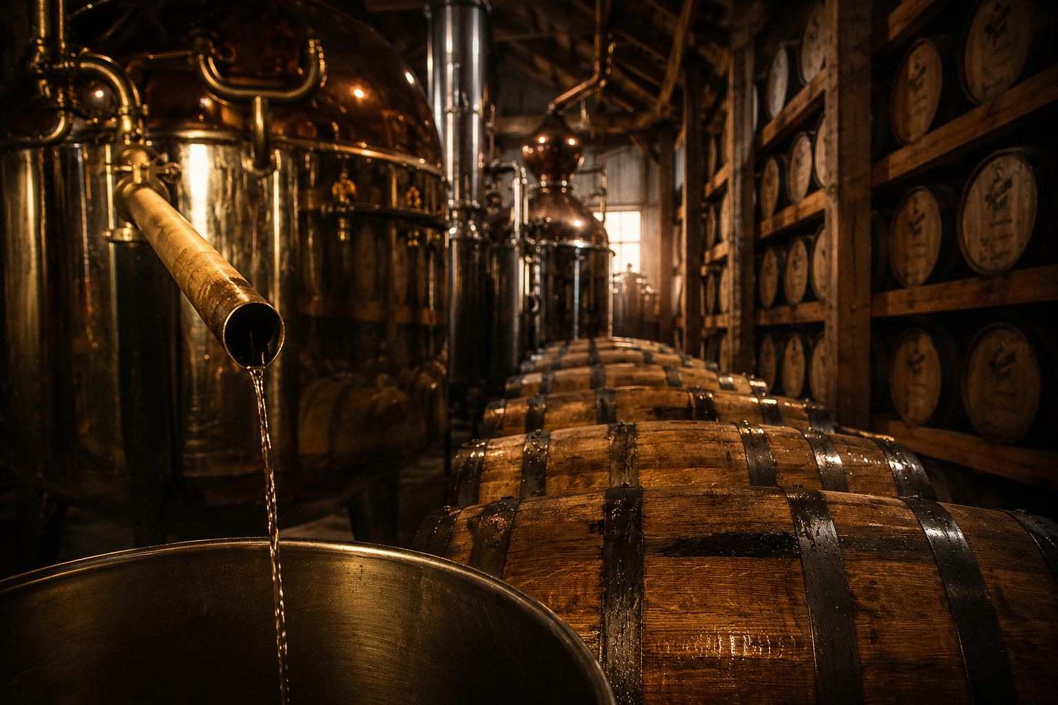 Whiskey Still & Barrels