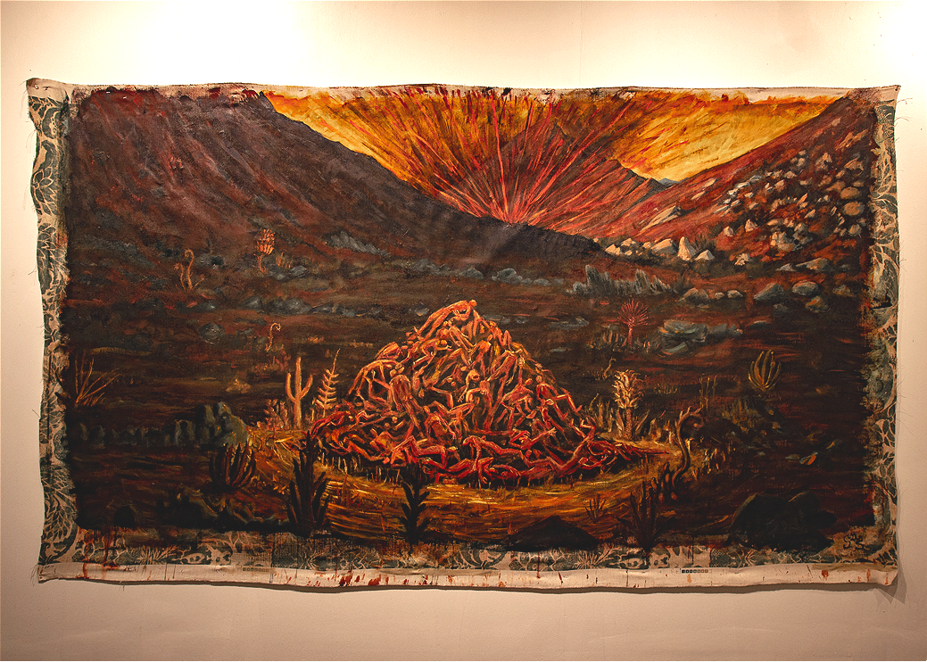 "Destruction of Myth (and its benefits to the economy)," acrylic, shaved tobacco, and sand on stretched, printed fabric (52" x 96").

Many allegorical connections could be made from this painting but I do want to make sure my line in the sand is very