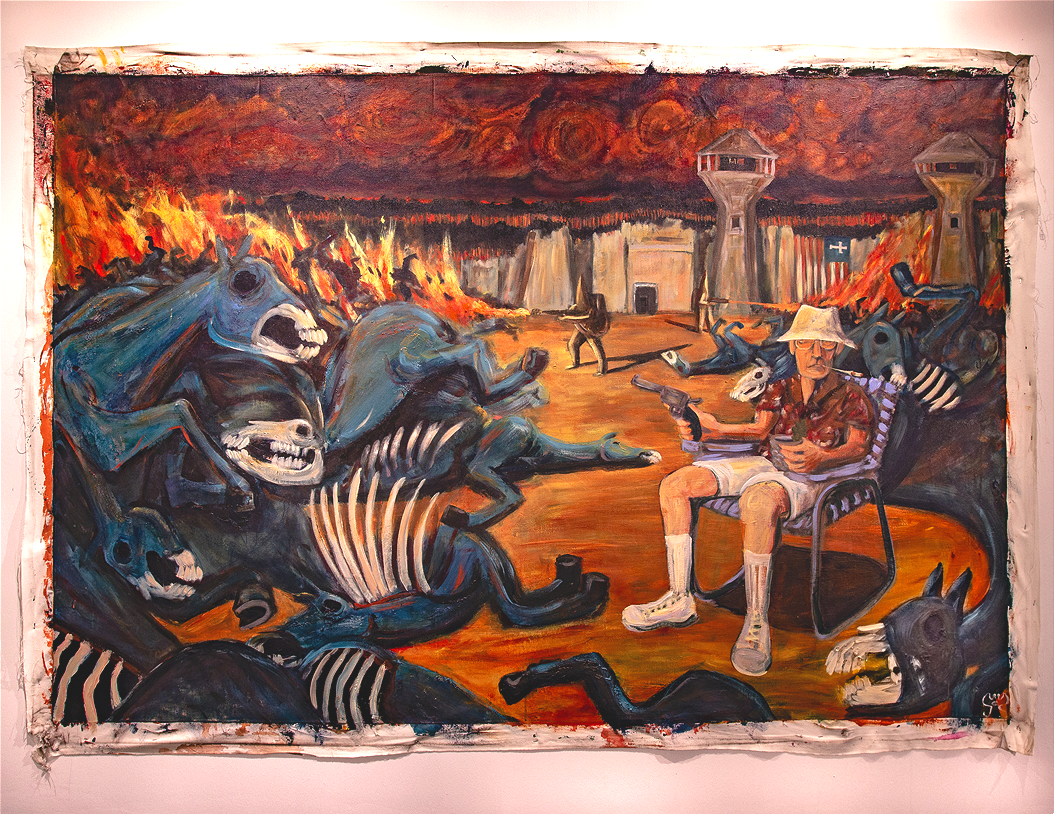 "The Party's Over, Folks," acrylic, sand, and tobacco shavings on canvas (56.5" x 84").

An adolescent obsession with Hunter S. Thompson's writings and the band Sun City Girls, gave birth to this behemoth of a painting that I started a year or so ago