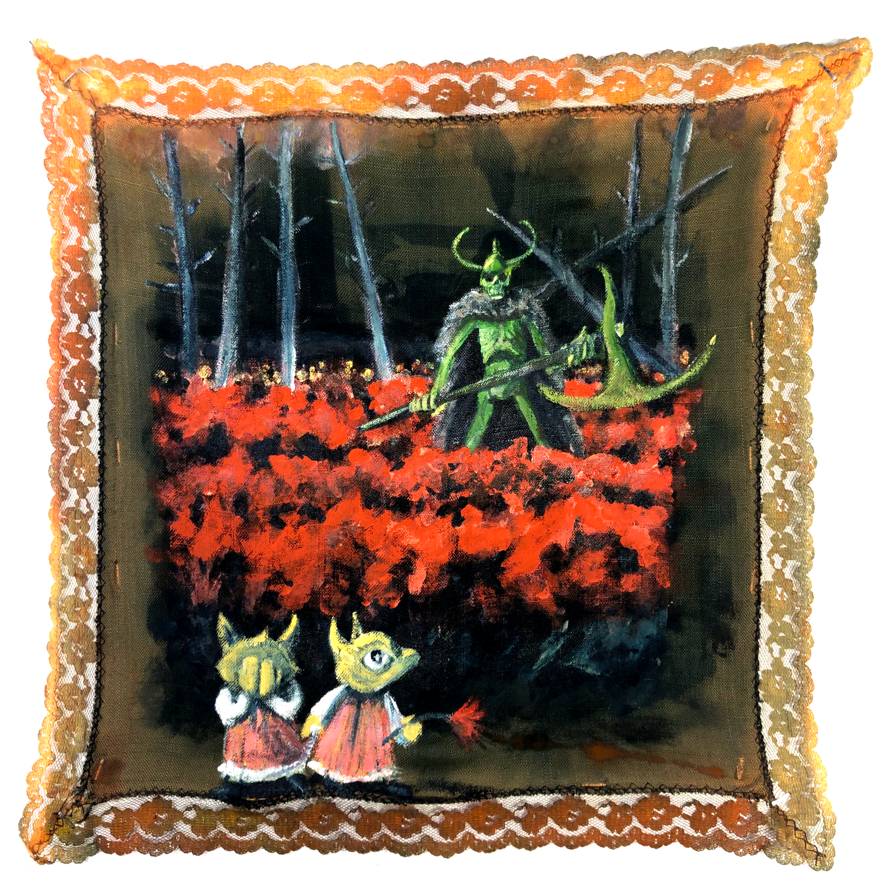 "No One Left to Guide Us," acrylic and cyanotype on tablecloth (12" x 12").

A failed cyanotype print that served as a nice gloomy backdrop. The scene and title are directly inspired by the song "Dragons II," by the band, Being Dead.