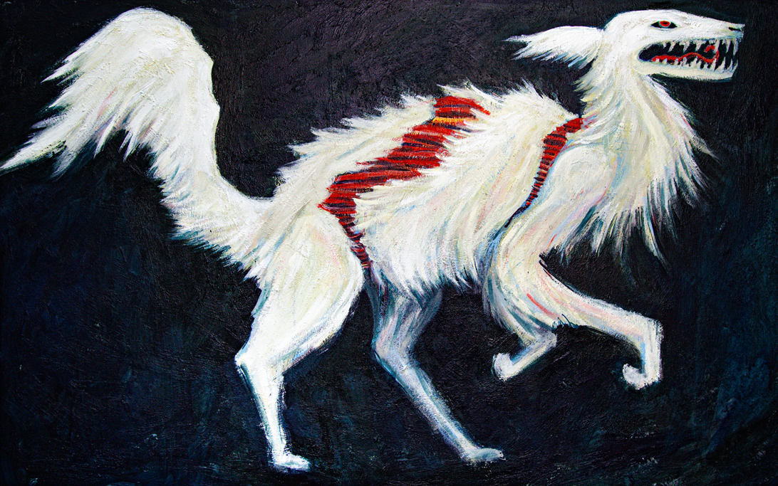 "Drudwyn," the hound of Maponos from Celtic lore. Acrylic and watercolor, (48" x 30").
