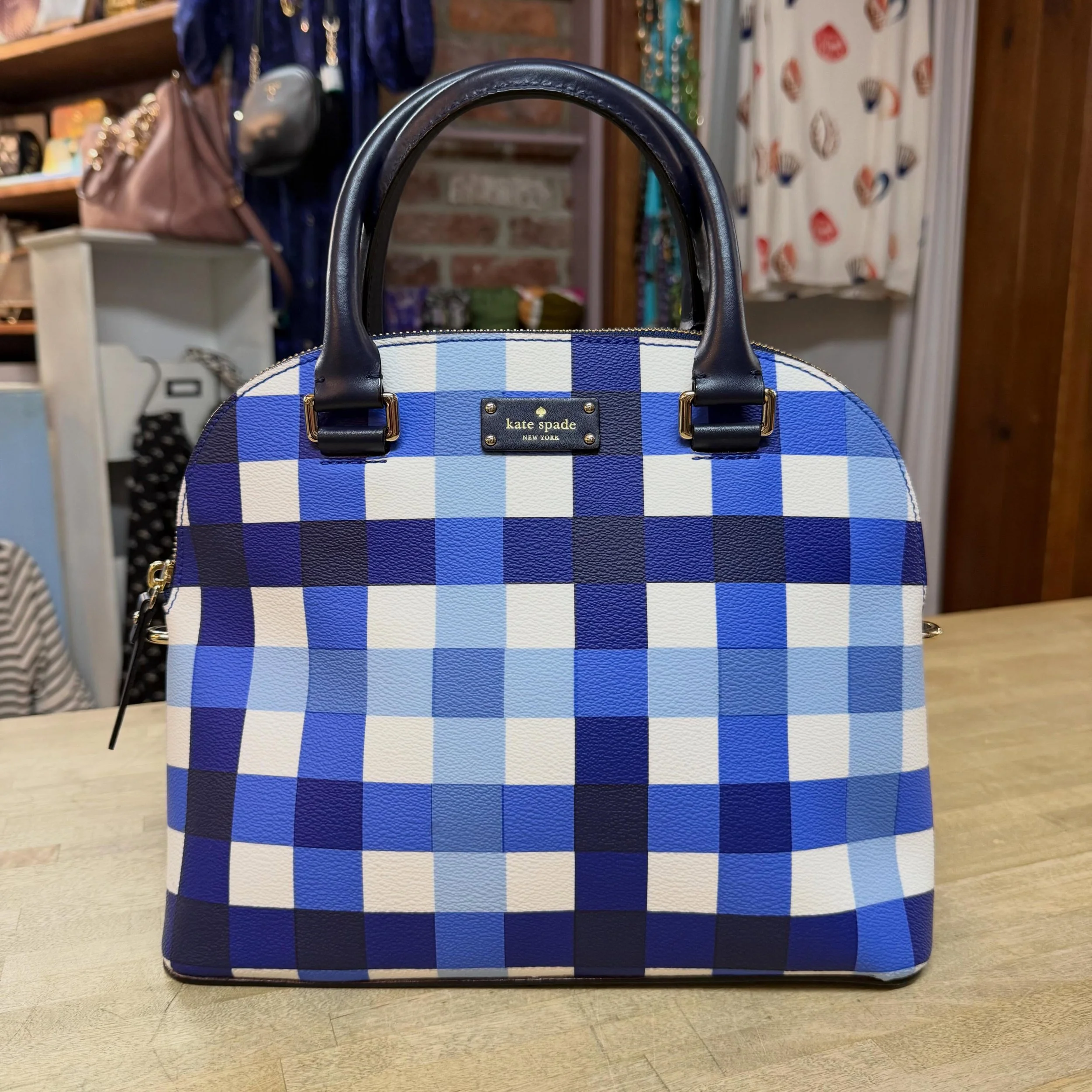ADORABLE Kate Spade Grove Street Carli in pacific gingham 🩵💙🤍 
Missing the longer strap * $55
.
.
$8 shipping continental US
Free shipping for purchases over $100
.
.
FOLLOW OUR BACKUP ACCOUNT: @seaagainconsignment