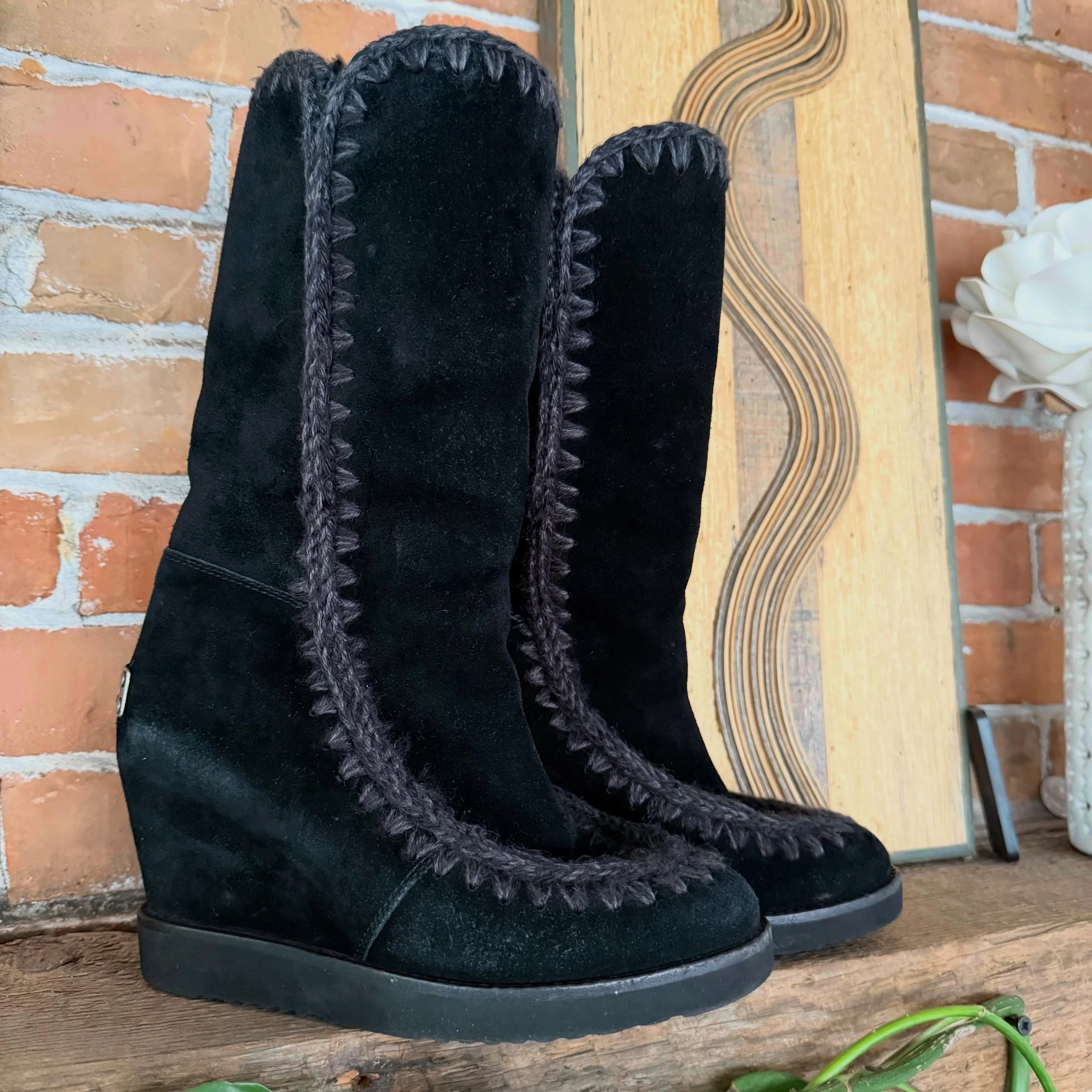 MOU black suede wedge boots.
Sz 7 * $115
 .
.
$8 shipping continental US
Free shipping for purchases over $100
.
.
FOLLOW OUR BACKUP ACCOUNT: @seaagainconsignment