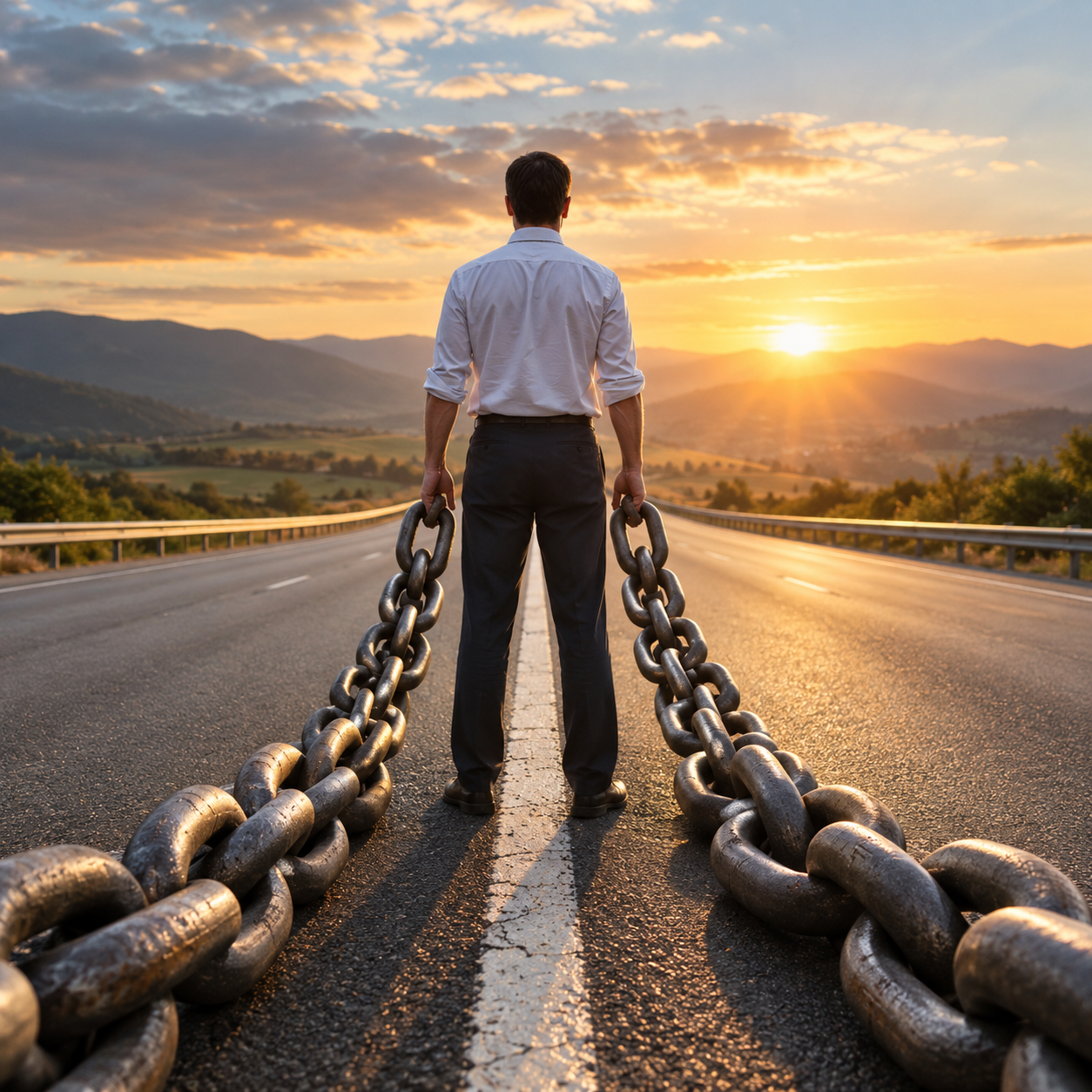 A man standing alone on an empty highway holding large chains in both hands, with a foggy landscape in the background.