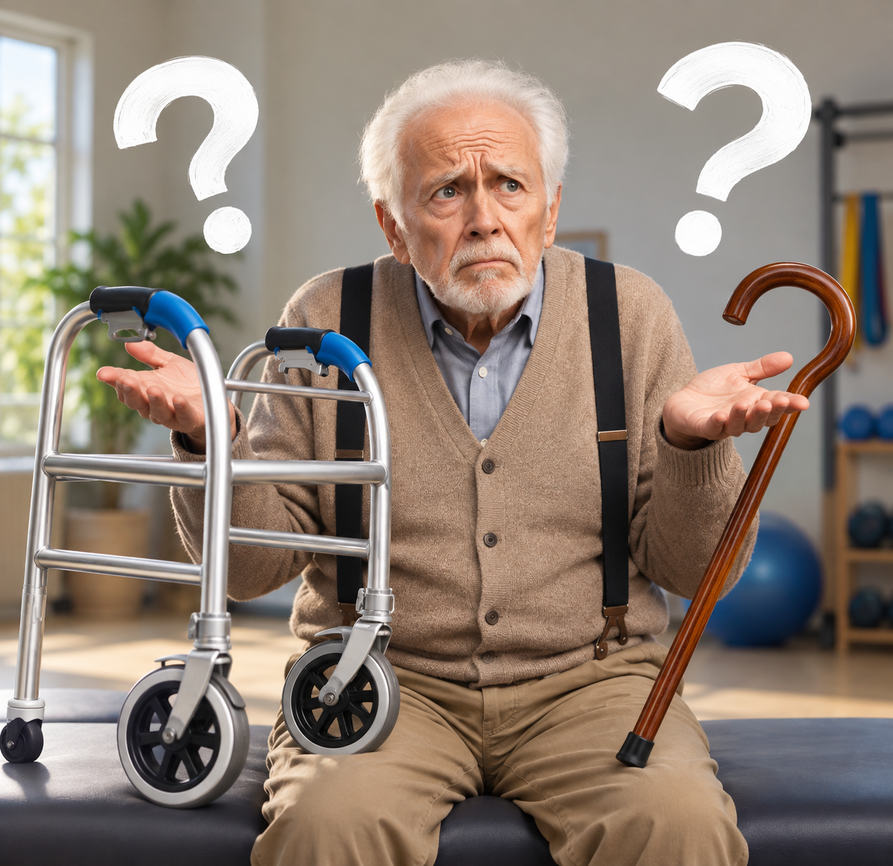 An elderly man with white hair and a beard, wearing a beige sweater, pink shirt, blue bow tie, and suspenders, appears confused, holding a walker in one hand and a red cane in the other, with two large question marks floating around his head against a teal background.