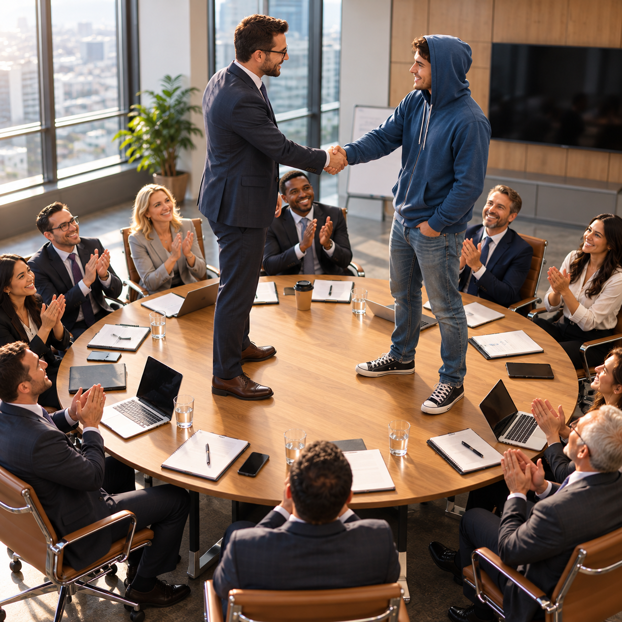 A meeting room with ten people, including a man in formal business attire shaking hands with a man in a hoodie, while the others applaud around a large oval conference table.