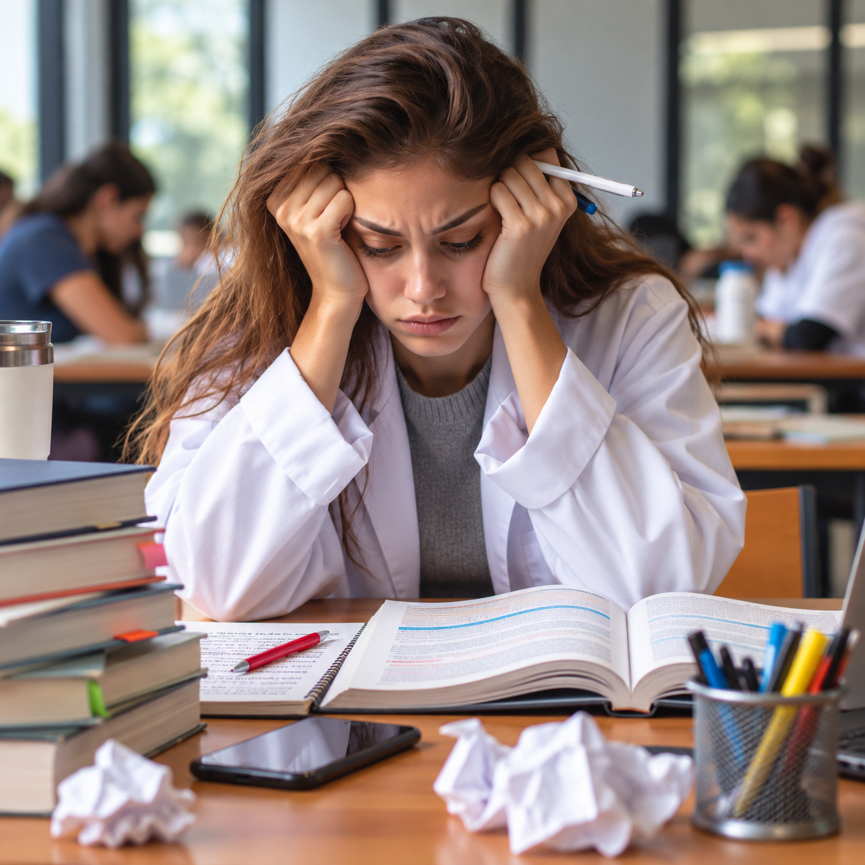 A young woman in a white coat is sitting at a desk, looking stressed with her hands on her head, surrounded by books, papers, a smartphone, and an alarm clock, in a classroom or study environment.