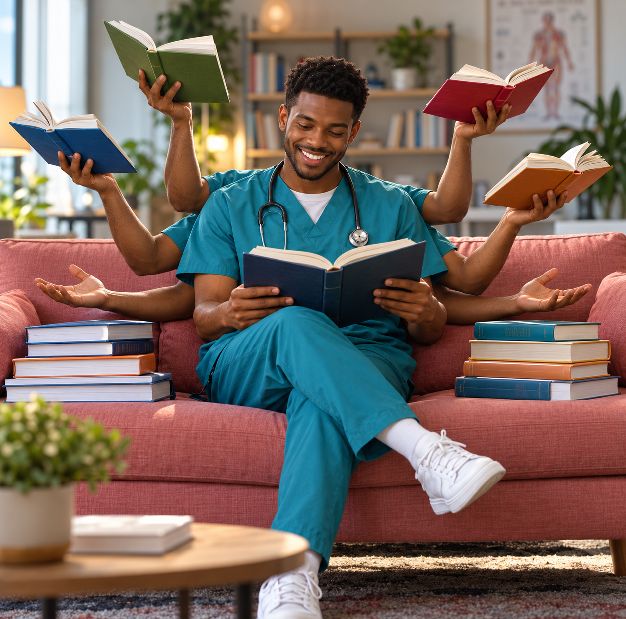 A cartoon of a young man with multiple arms, sitting cross-legged on a pink couch, reading a book. He is surrounded by open books and has a stethoscope around his neck, symbolizing a doctor. The background shows bookshelves and a large window.