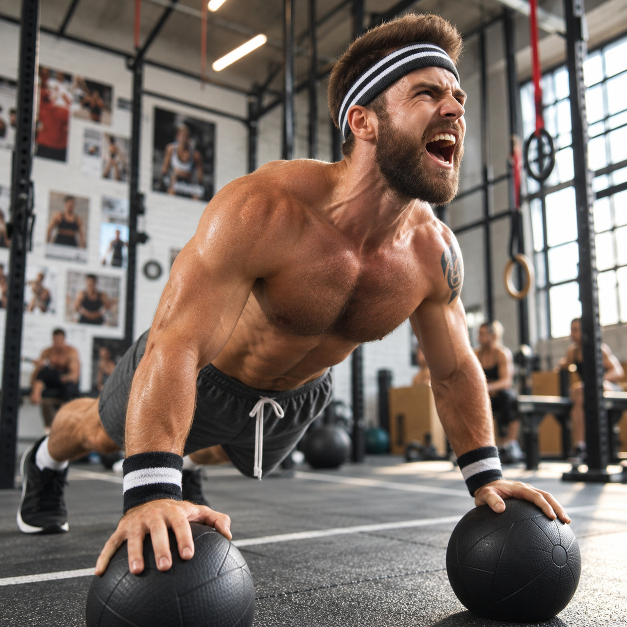 A shirtless man with a beard, headband, and workout wristbands, doing push-ups on medicine balls in a gym, expressing intense effort.